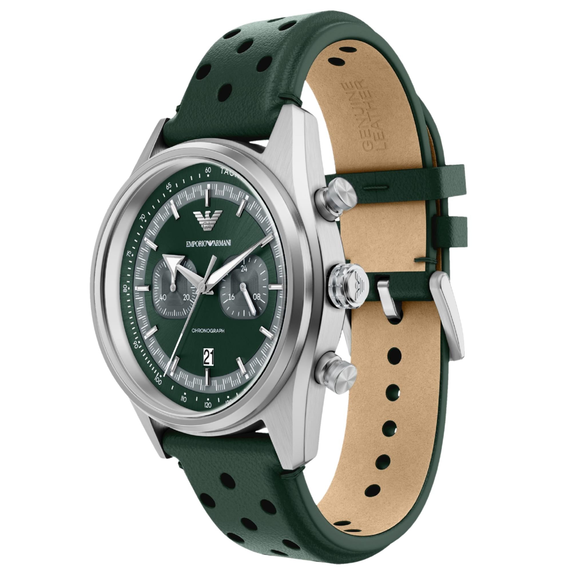 Emporio Armani Racer 42mm Chronograph Green Dial Leather Mens Quartz Watch AR11782