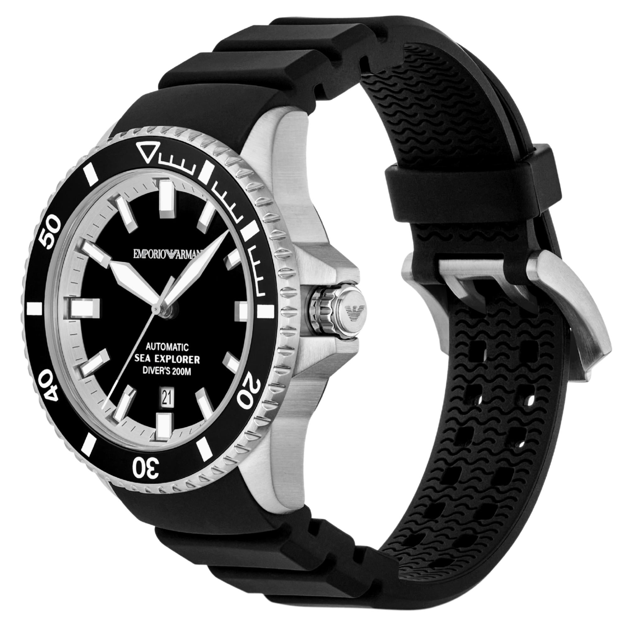 Emporio Armani Sea Explorer 42mm Black Dial Silicone Mens Automatic Watch AR60086