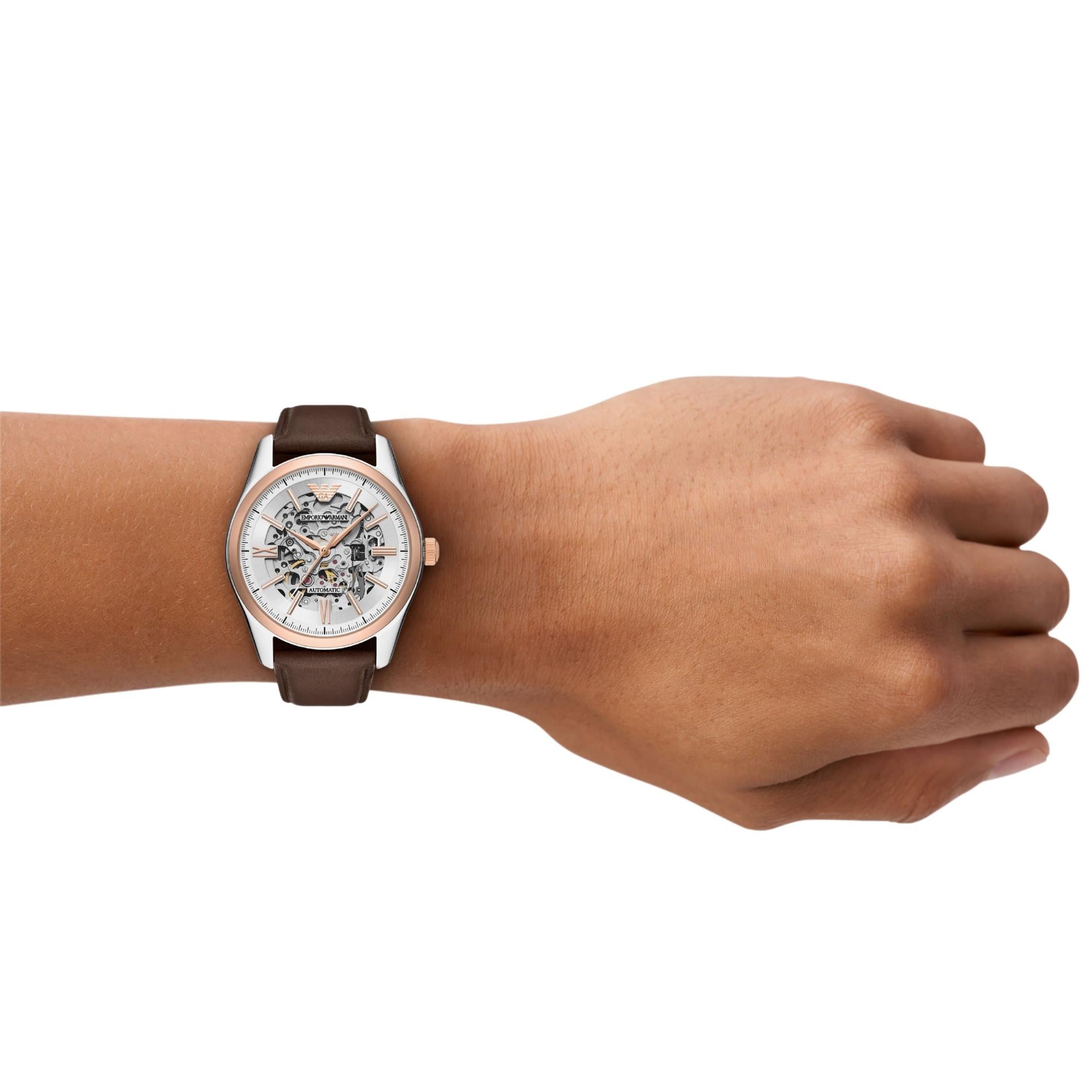 Emporio Armani World Explorer 43mm Skeleton Silver Dial Leather Mens Automatic Watch AR60094