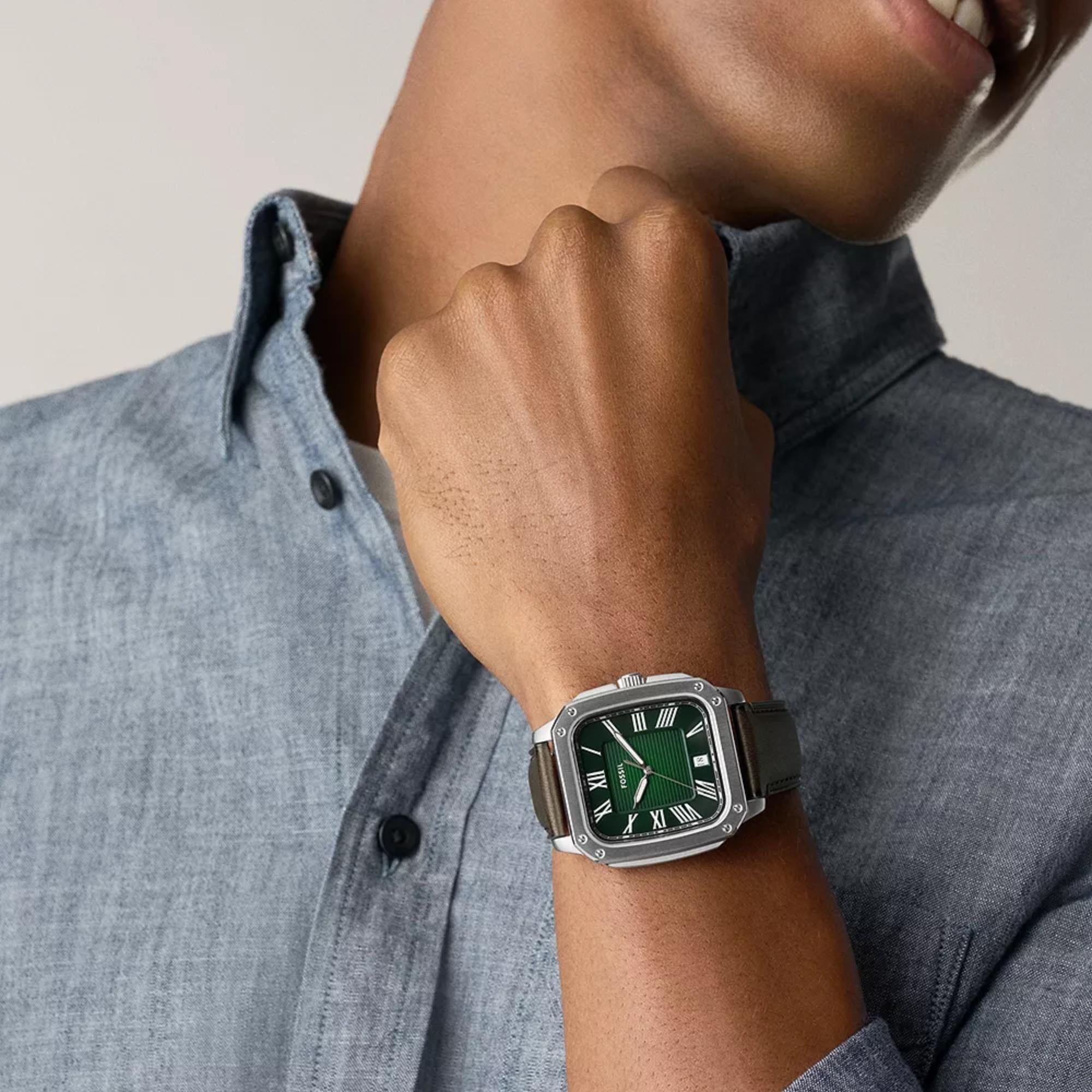 Fossil Crosby 42mm Green Dial Leather Mens Quartz Watch FS6150