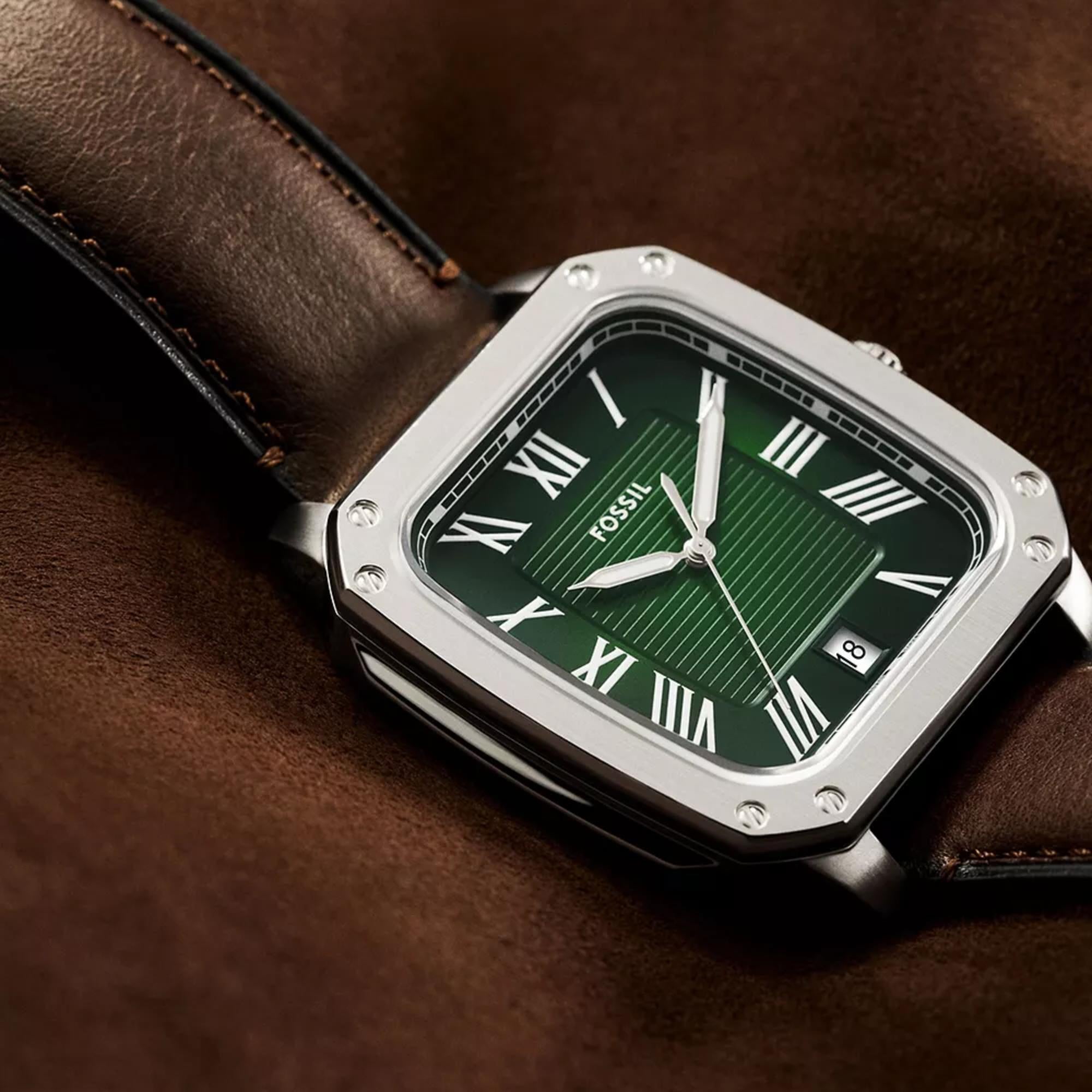 Fossil Crosby 42mm Green Dial Leather Mens Quartz Watch FS6150
