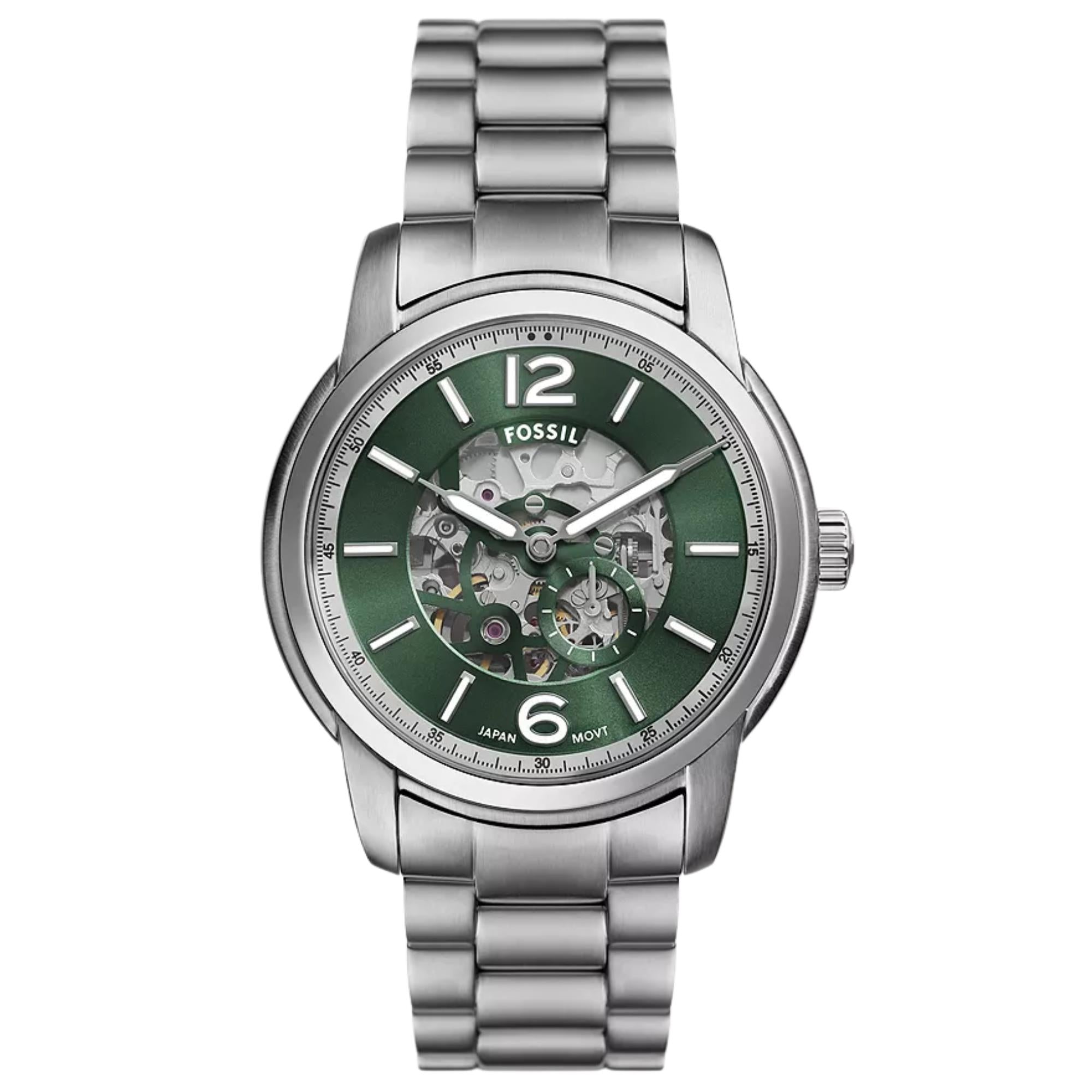 Fossil Heritage 43mm Skeleton Green Dial Steel Mens Automatic Watch ME3262