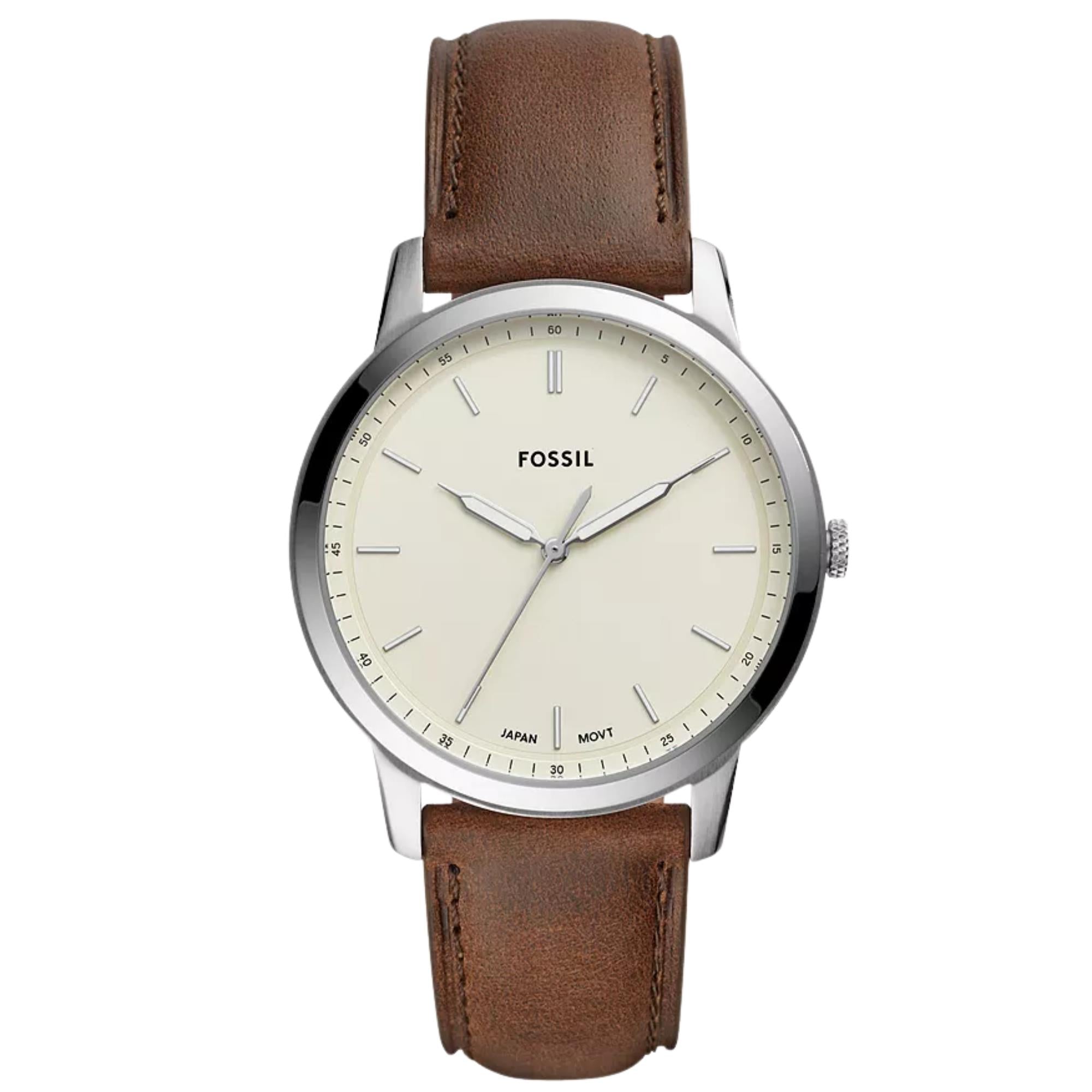 Fossil Minimalist 44mm Beige Dial Leather Mens Quartz Watch FS5439