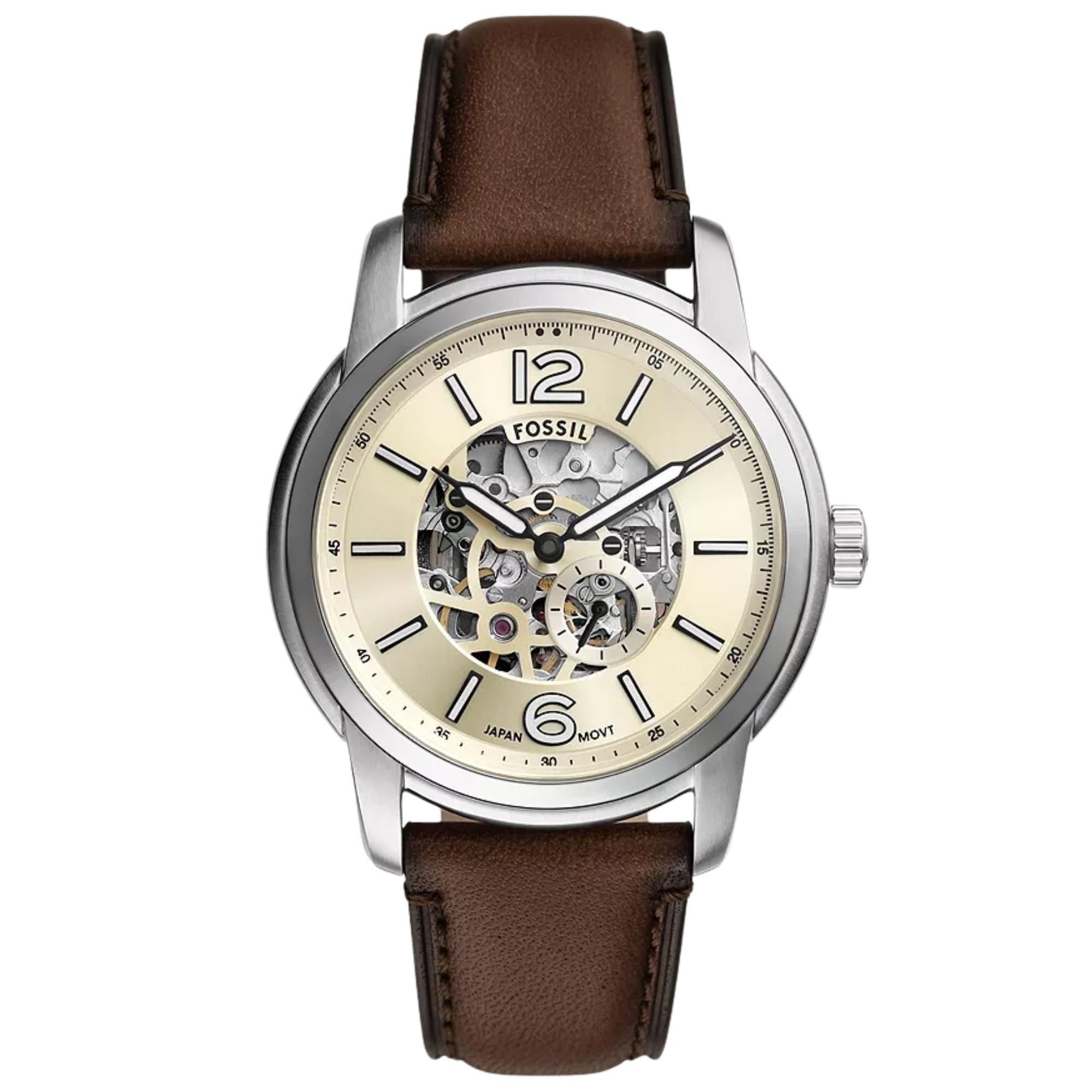 Fossil Heritage 43mm Skeleton Cream Dial Leather Mens Automatic Watch ME3264