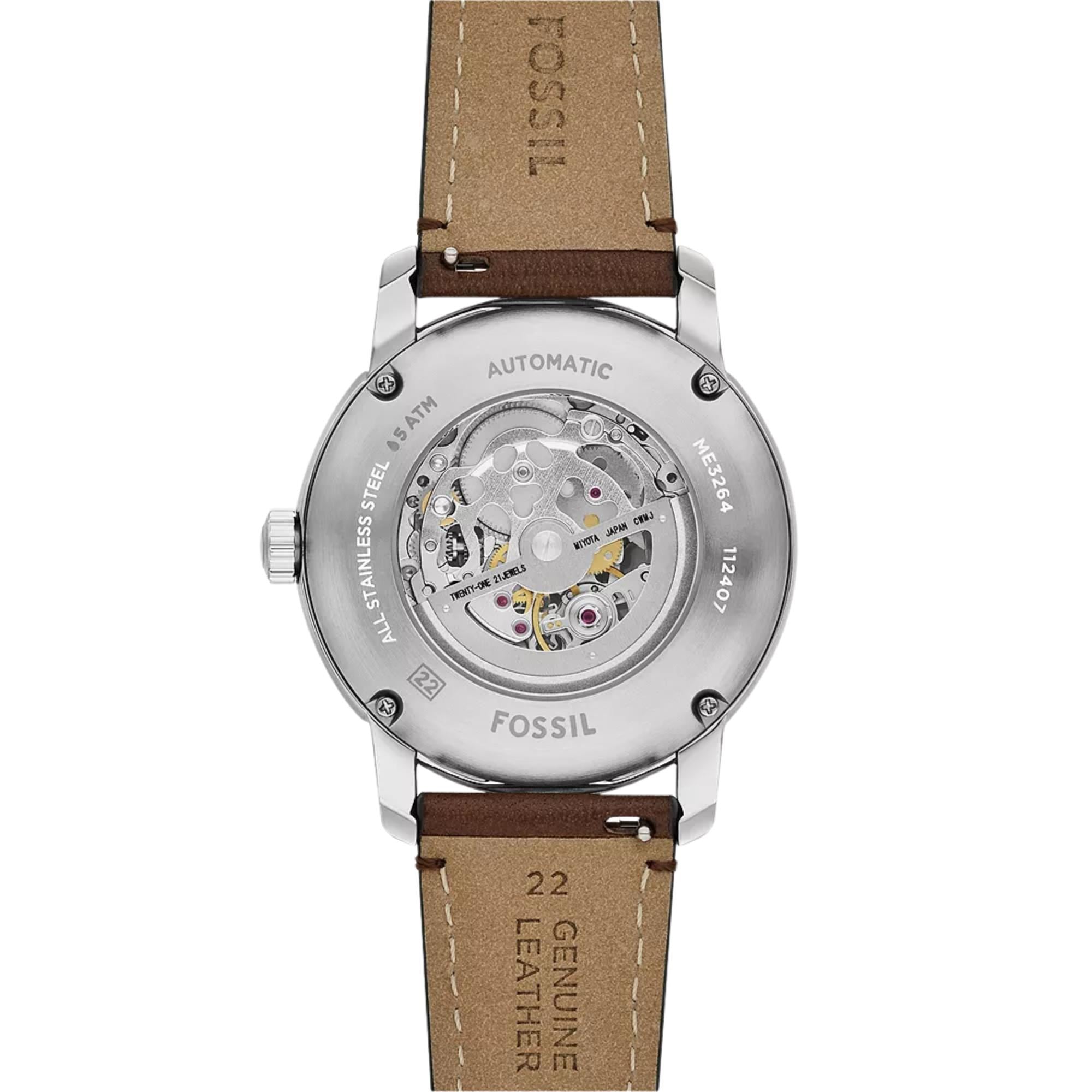 Fossil Heritage 43mm Skeleton Cream Dial Leather Mens Automatic Watch ME3264