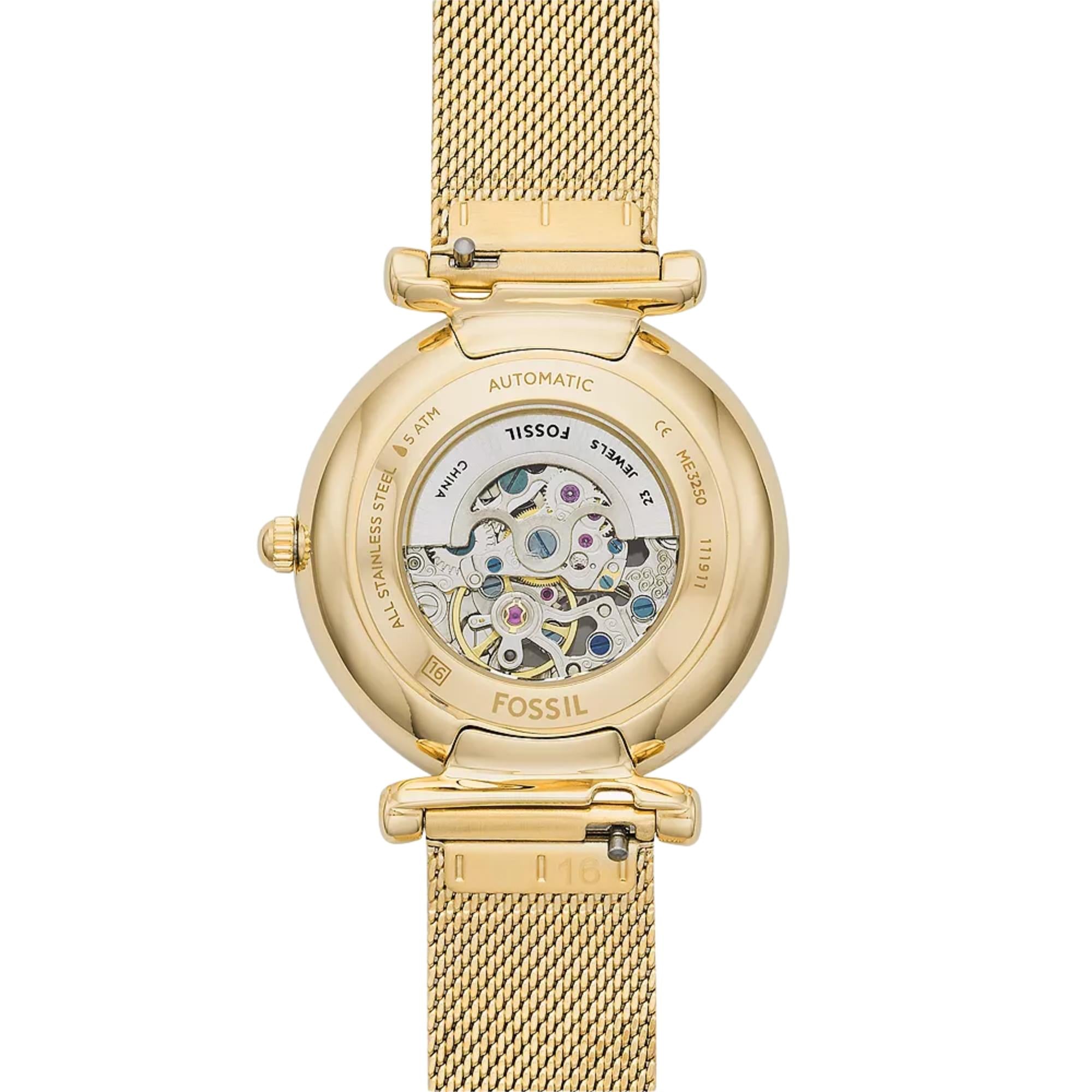 Fossil Carlie 35mm Skeleton Gold Dial Steel Ladies Automatic Watch ME3250