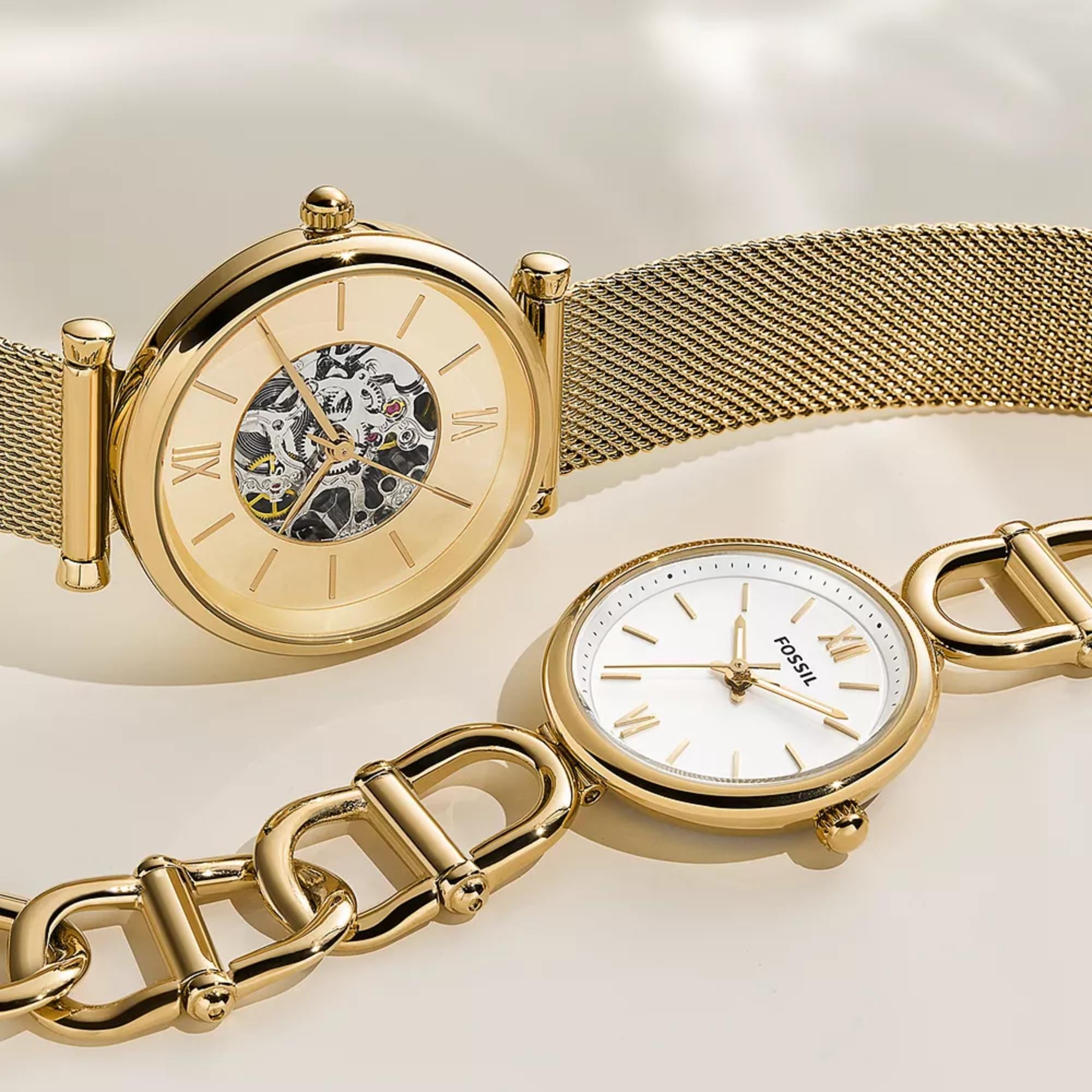 Fossil Carlie 35mm Skeleton Gold Dial Steel Ladies Automatic Watch ME3250