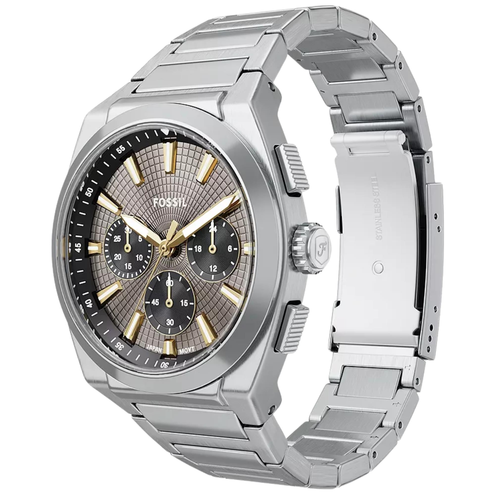 Fossil Everett 44mm Chronograph Gray Dial Steel Mens Quartz Watch FS6128