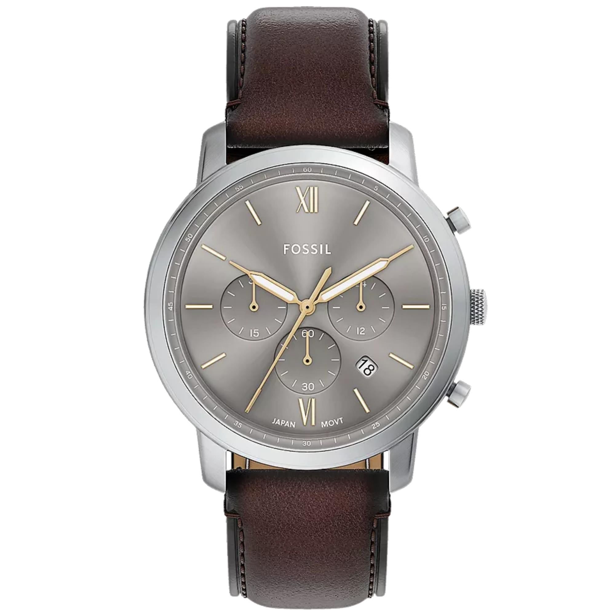 Fossil Neutra 44mm Chronograph Gray Dial  Leather Mens Quartz Watch FS6129