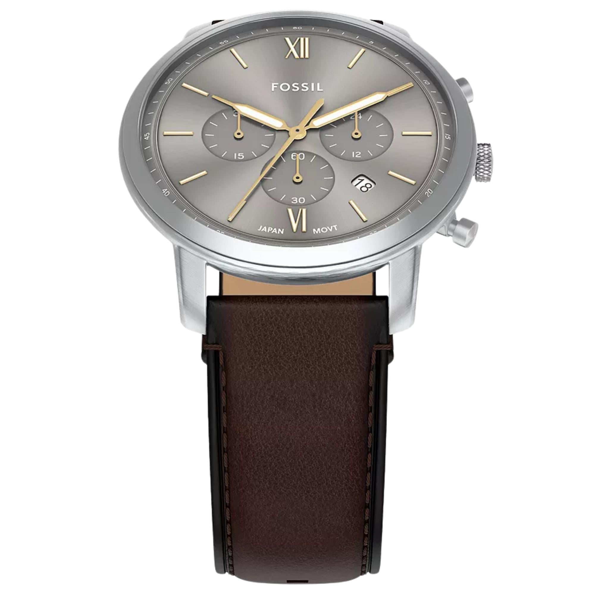 Fossil Neutra 44mm Chronograph Gray Dial  Leather Mens Quartz Watch FS6129