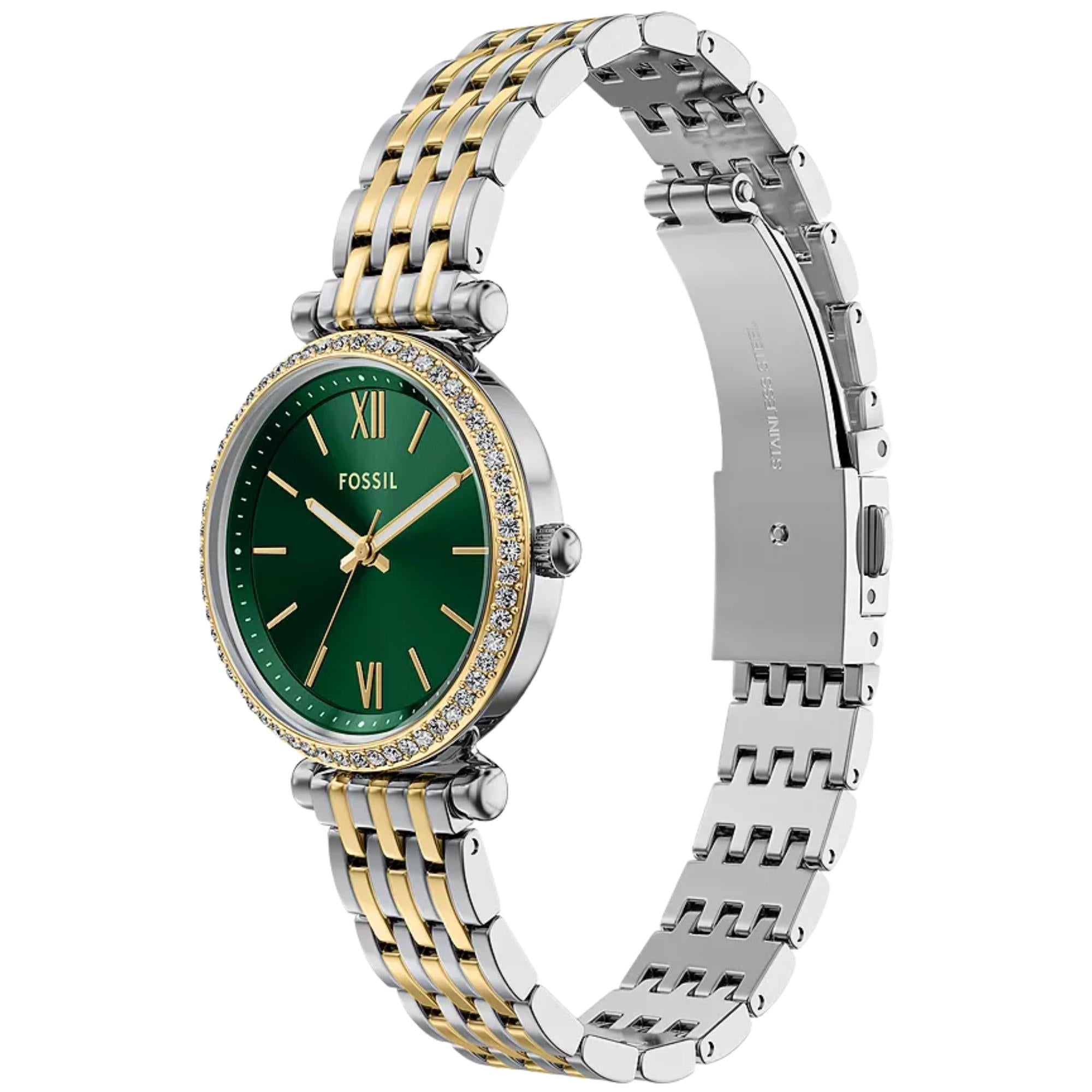 Fossil Carlie 28mm Green Dial Steel Ladies Quartz Watch ES5439