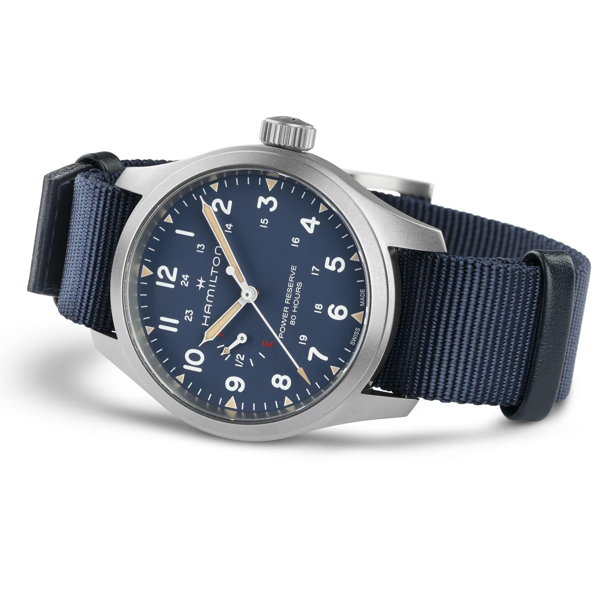 Hamilton Khaki Field 40mm Power Reserve Blue Dial NATO Mens Manual-Wind Watch H69509940