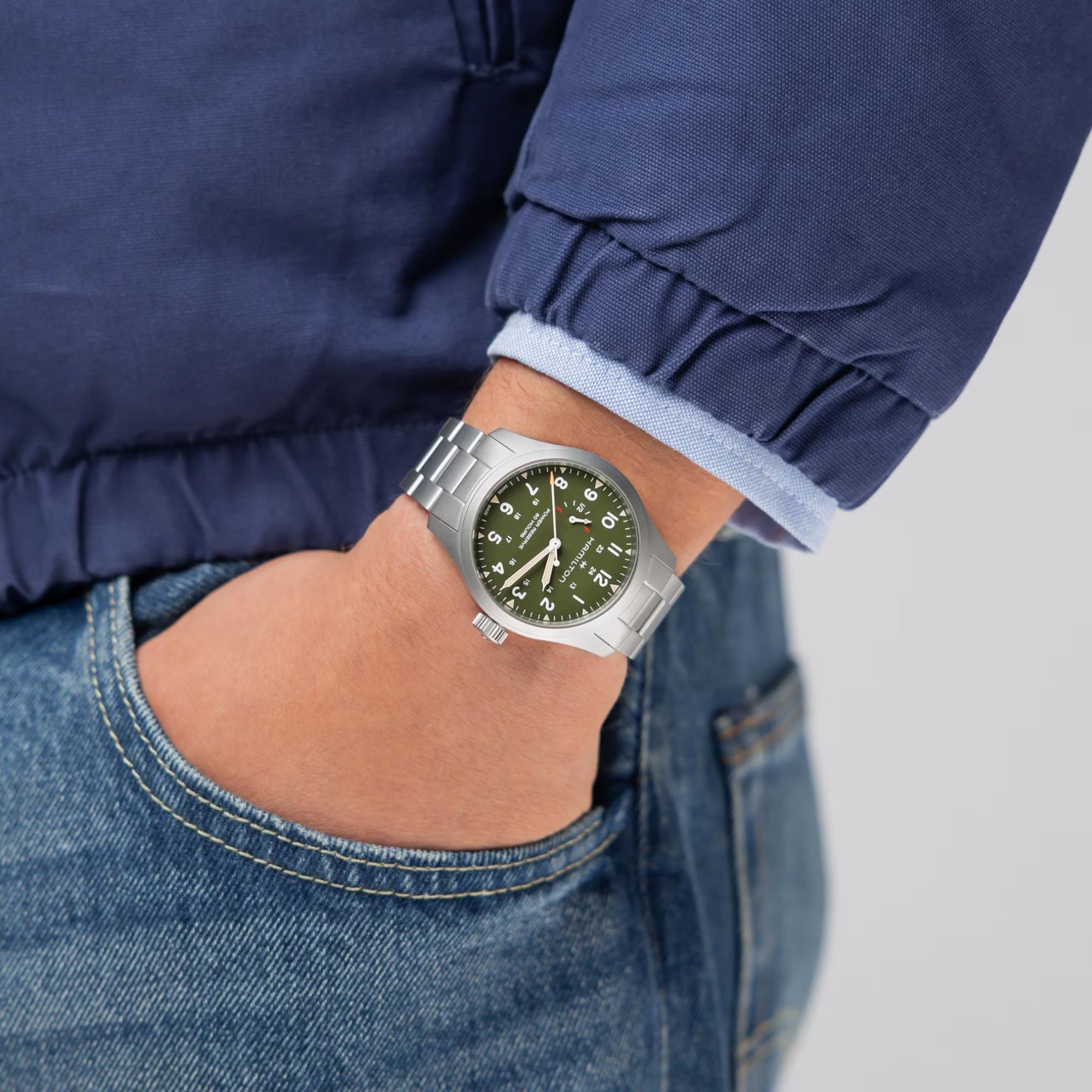 Hamilton Khaki Field 40mm Power Reserve Green Dial Steel Mens Manual-Wind Watch H69509160