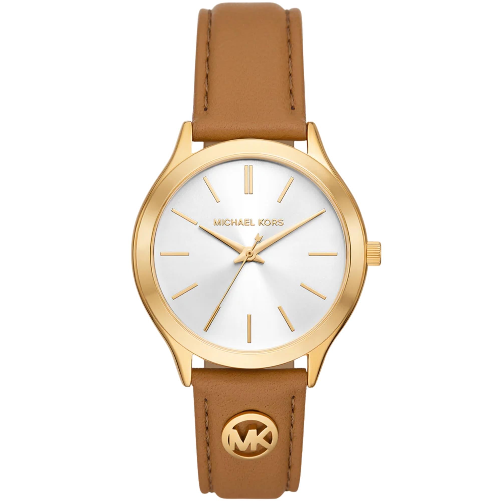 Michael Kors Slim Runway 38mm White Sunray Dial  Leather Ladies Quartz Watch MK7543
