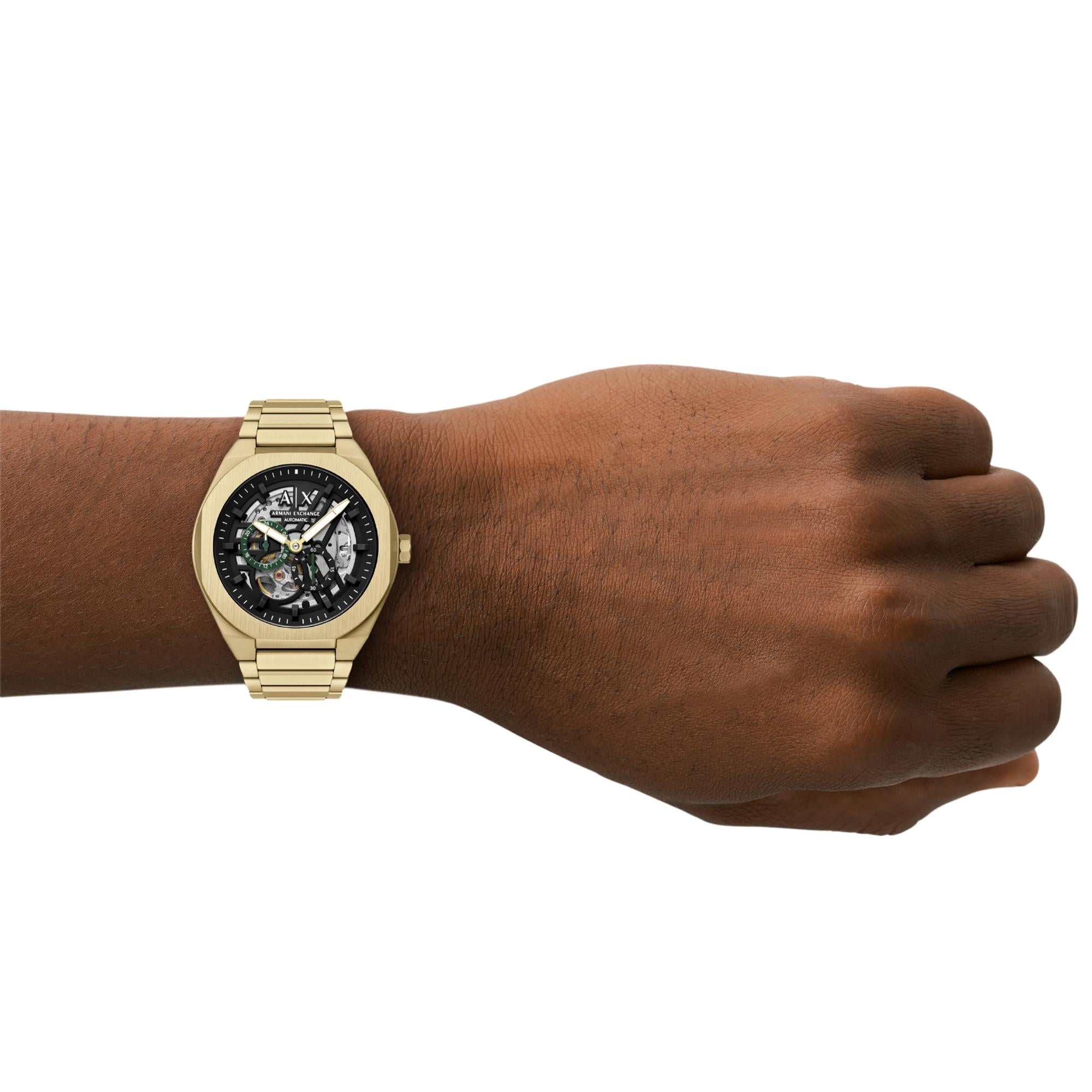Armani Exchange Sync 44mm Skeleton Black Dial Steel Mens Quartz Watch AX4194