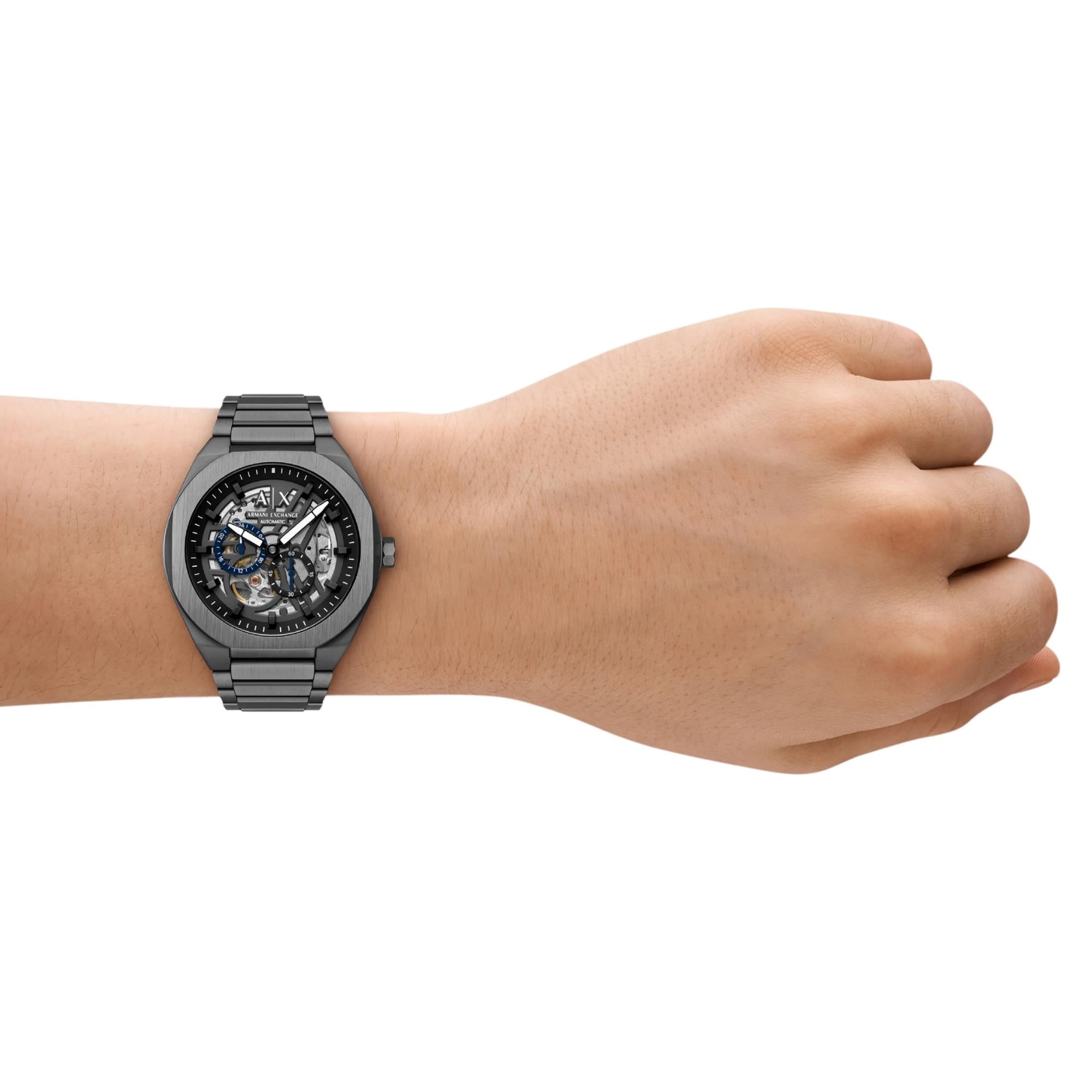 Armani Exchange Sync 44mm Skeleton Grey Dial Steel Mens Quartz Watch AX4195