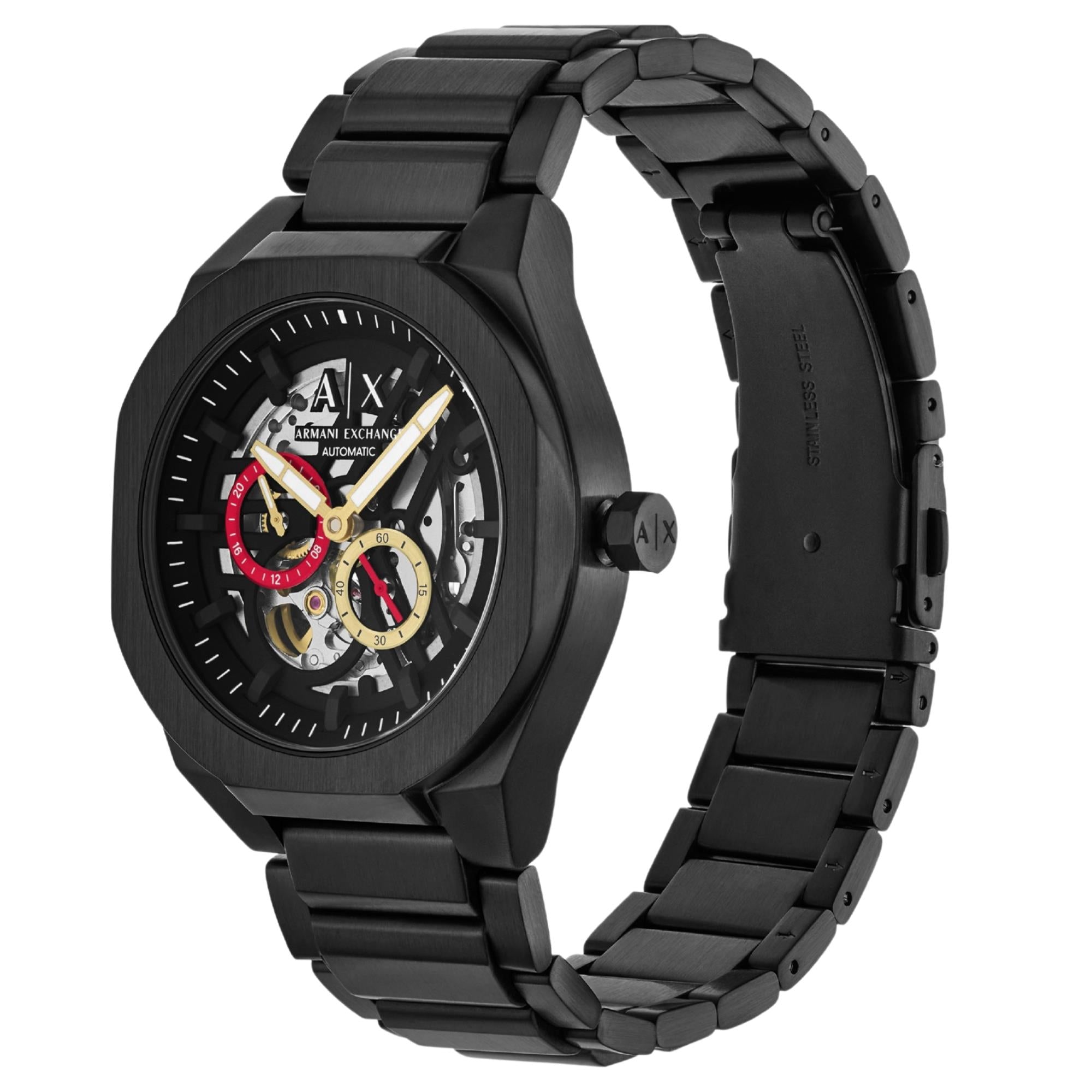 Armani Exchange Sync 44mm Skeleton Black Dial Steel Mens Quartz Watch AX4196