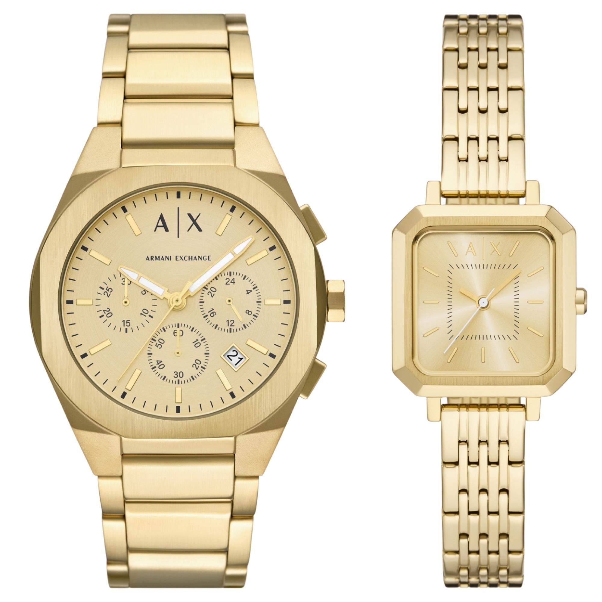 Armani Exchange Sync Gold Dial Steel Mens and Ladies Quartz Couple Watch Set AX7171SET