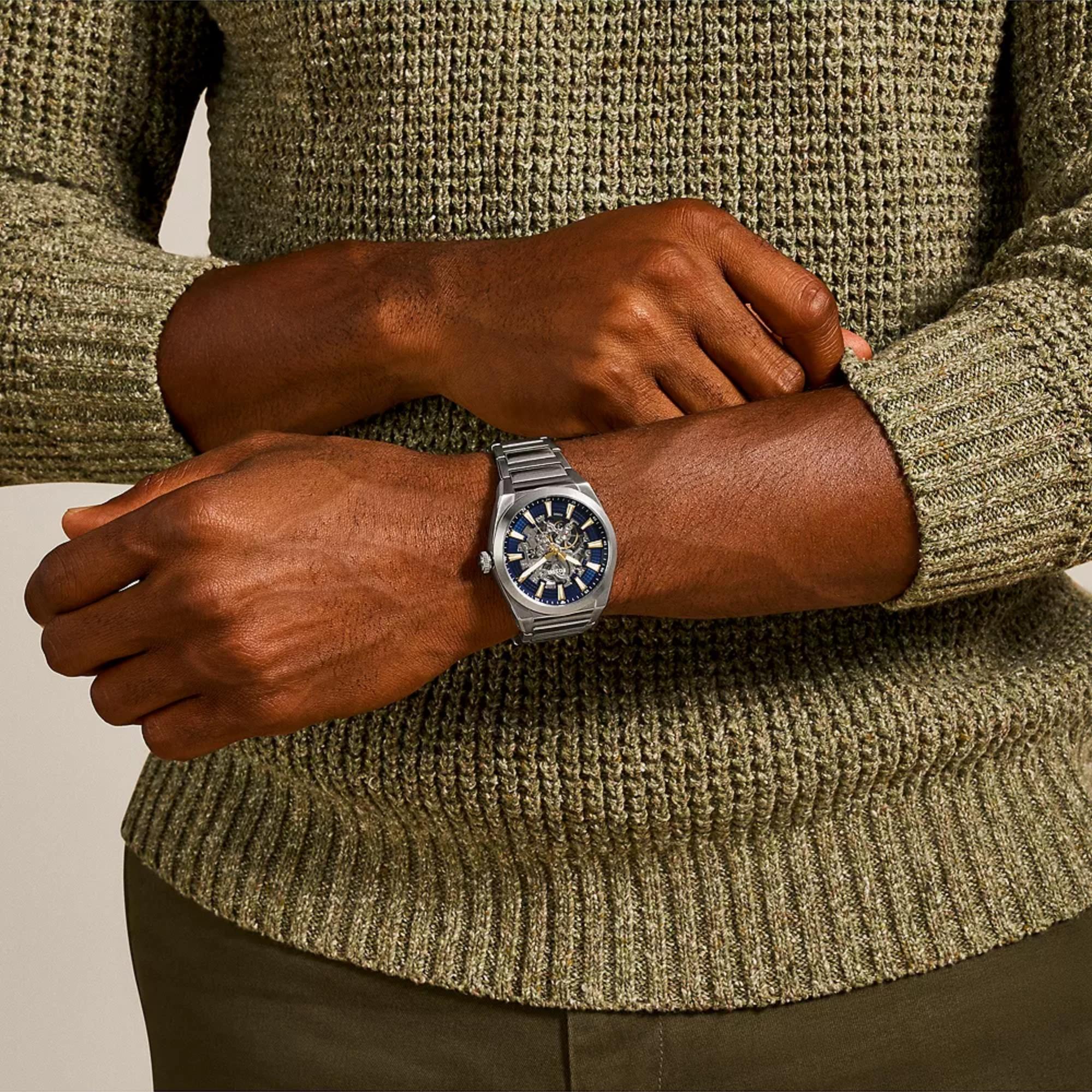 M*e様 新品同様 FOSSIL メンズ腕時計 ブルー文字盤 メタルバンド 正常 Fossil Everett 42mm Blue Dial Steel Mens Watch ME3220
