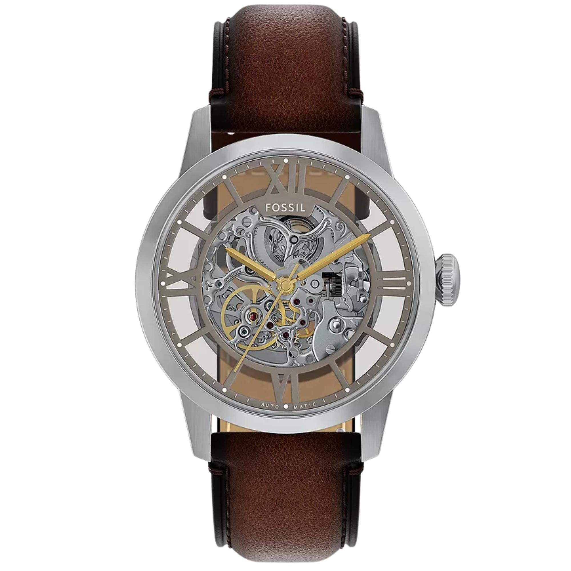 Fossil Townsman 44mm Skeleton Silver Dial Leather Mens Automatic Watch ME3270