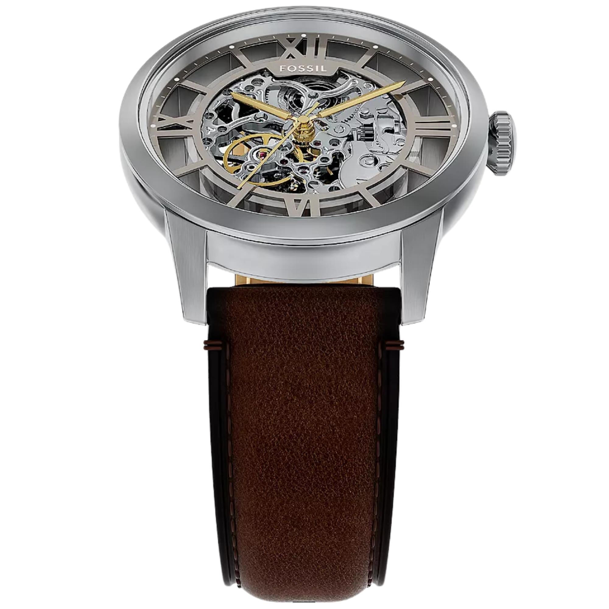 Fossil Townsman 44mm Skeleton Silver Dial Leather Mens Automatic Watch ME3270