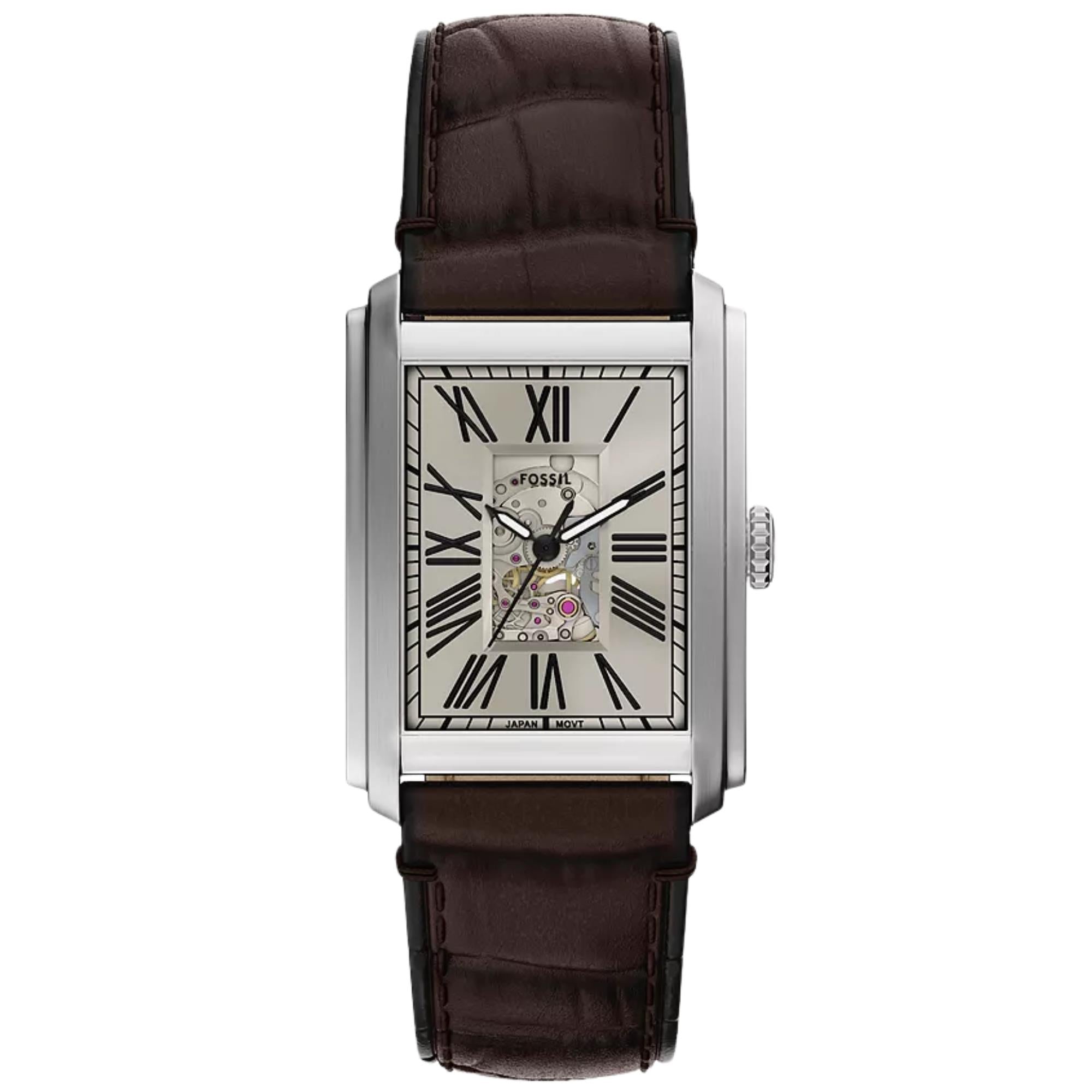 Fossil Carraway 30mm Open Heart Beige Dial Leather Mens Automatic Watch ME3272