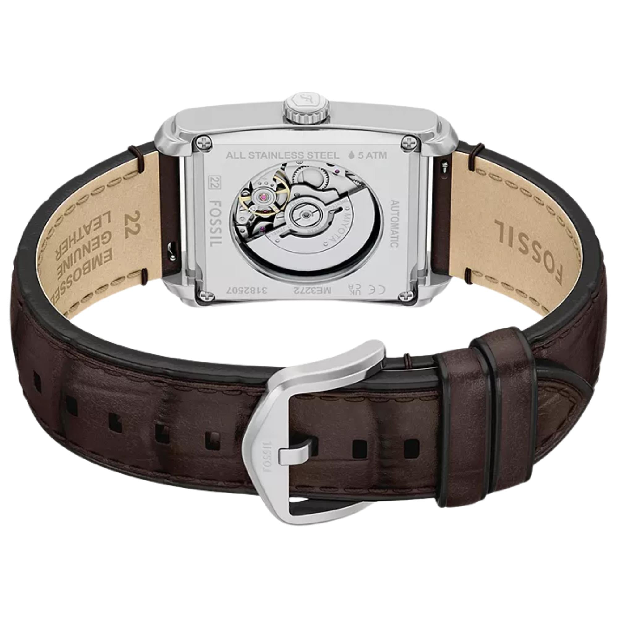 Fossil Carraway 30mm Open Heart Beige Dial Leather Mens Automatic Watch ME3272