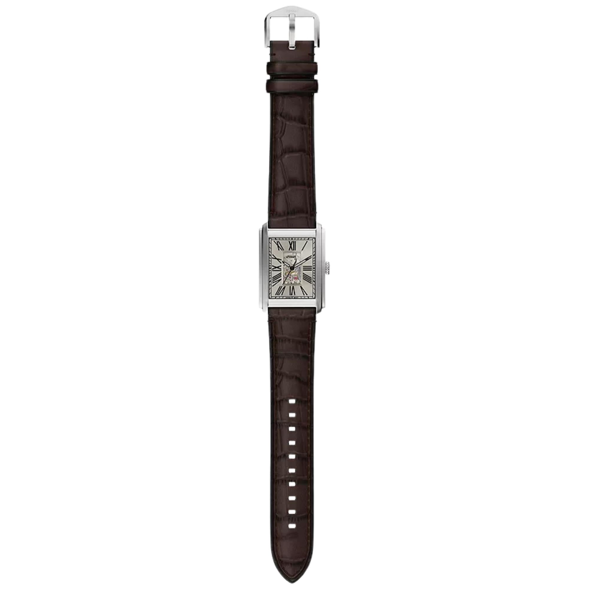 Fossil Carraway 30mm Open Heart Beige Dial Leather Mens Automatic Watch ME3272