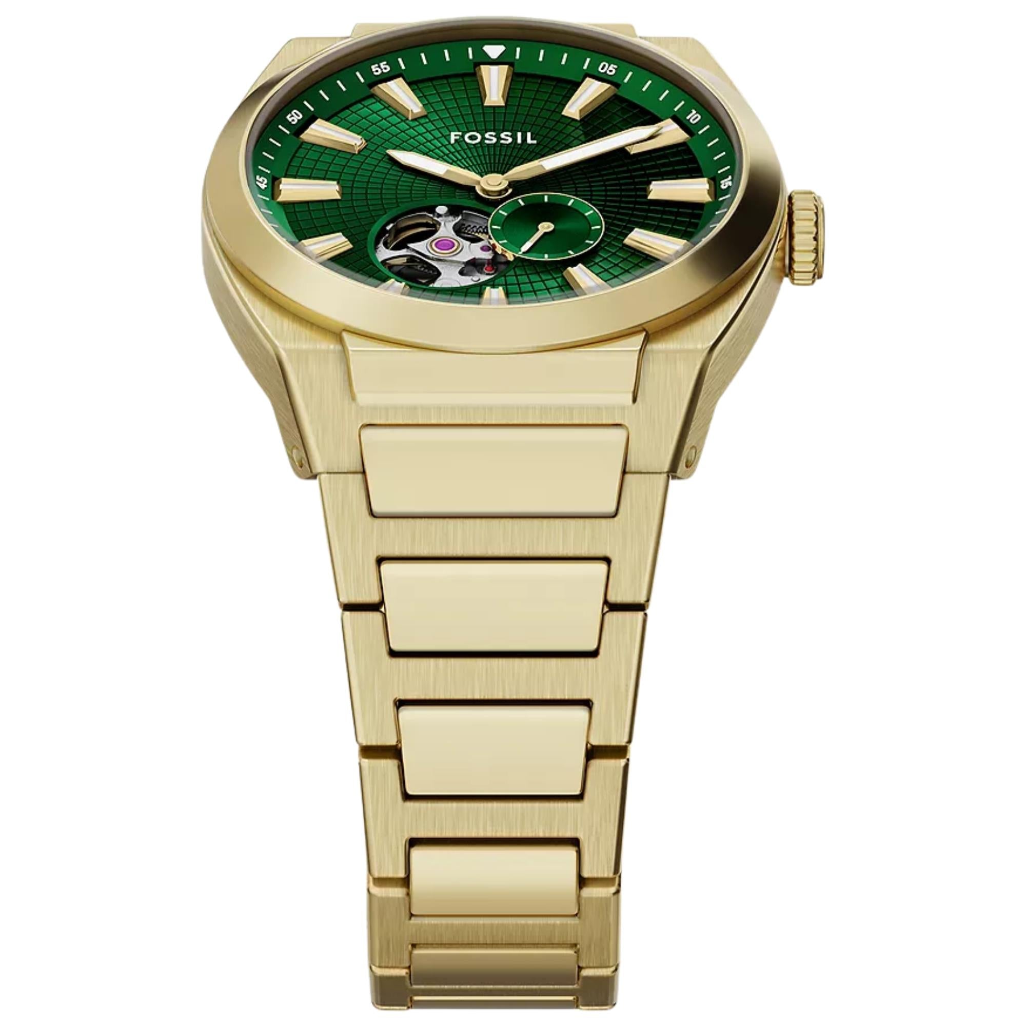 Fossil Everett 42mm Open Heart Green Dial Steel Mens Automatic Watch ME3276