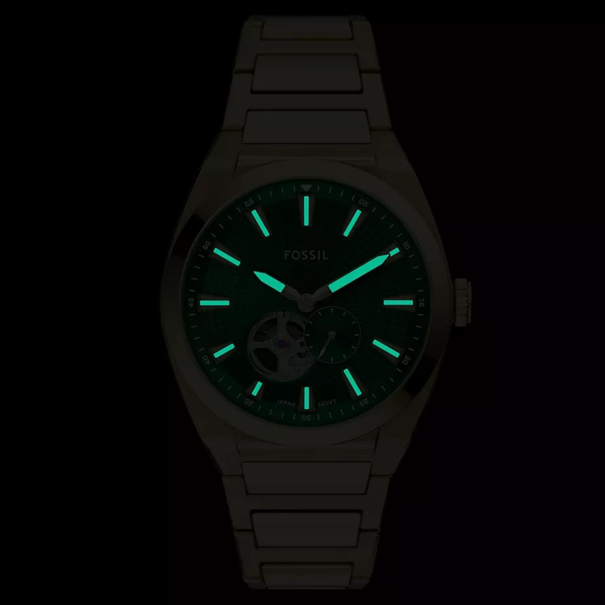 Fossil Everett 42mm Open Heart Green Dial Steel Mens Automatic Watch M