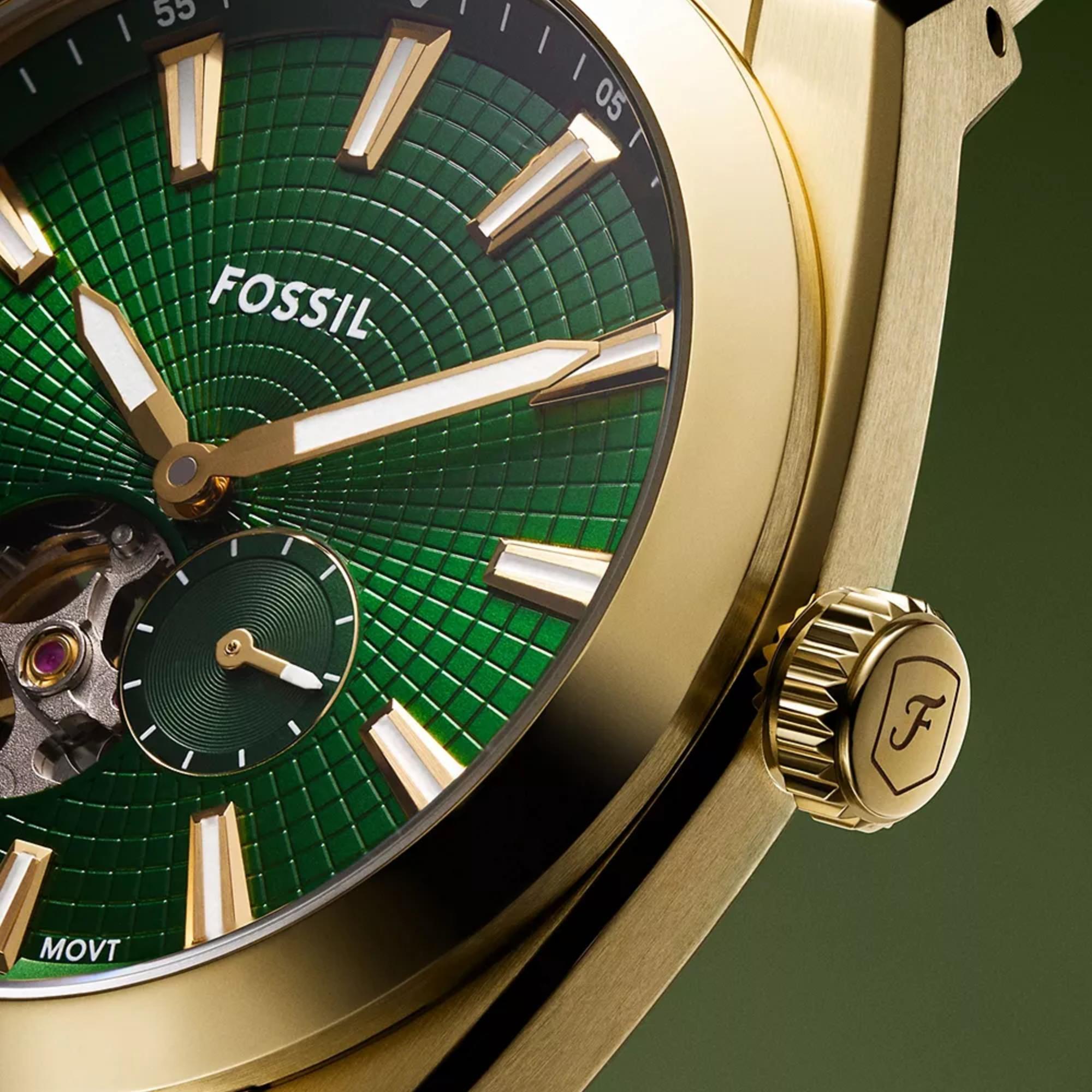 Fossil Everett 42mm Open Heart Green Dial Steel Mens Automatic Watch ME3276