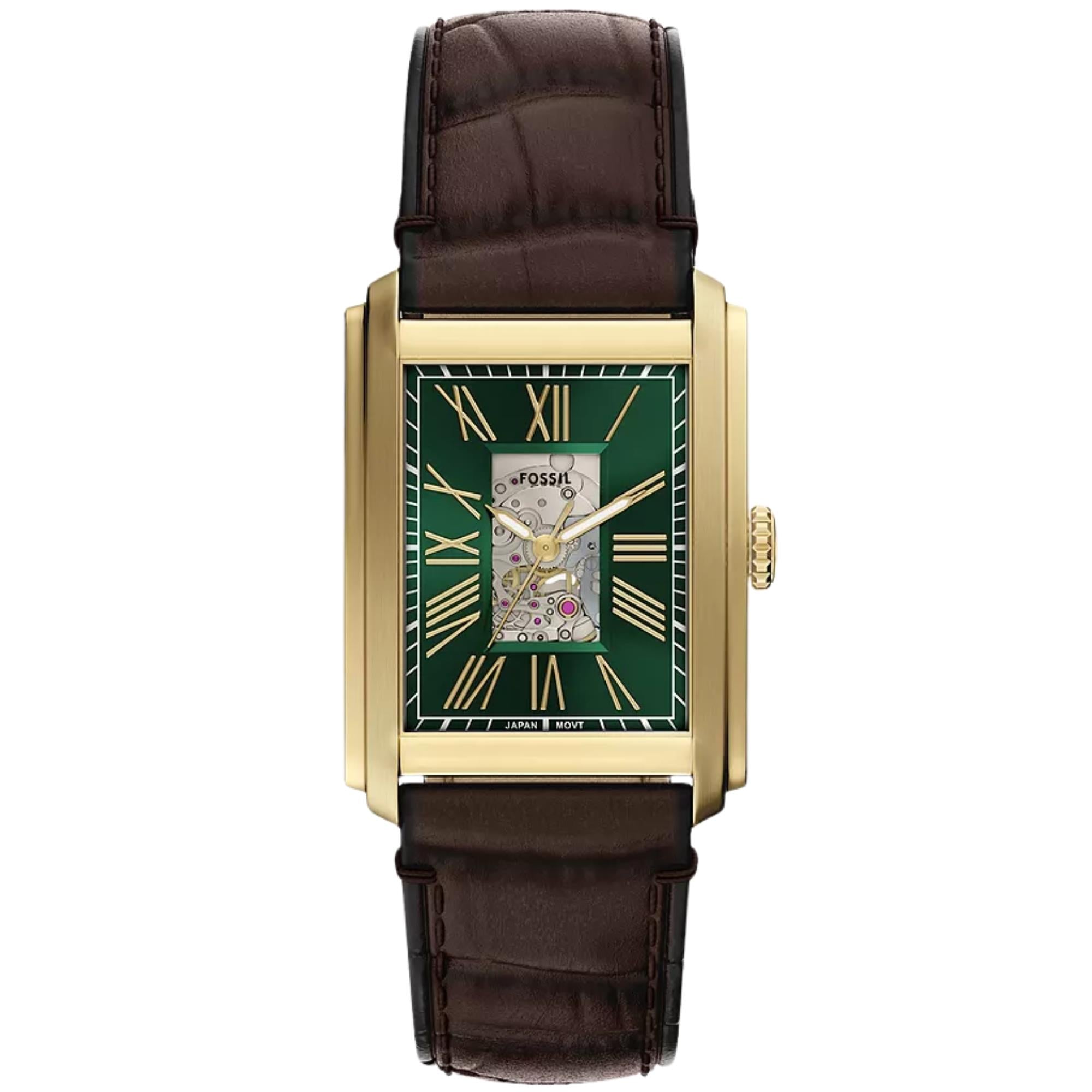 Fossil Carraway 30mm Open Heart Green Dial Leather Mens Automatic Watch ME3271