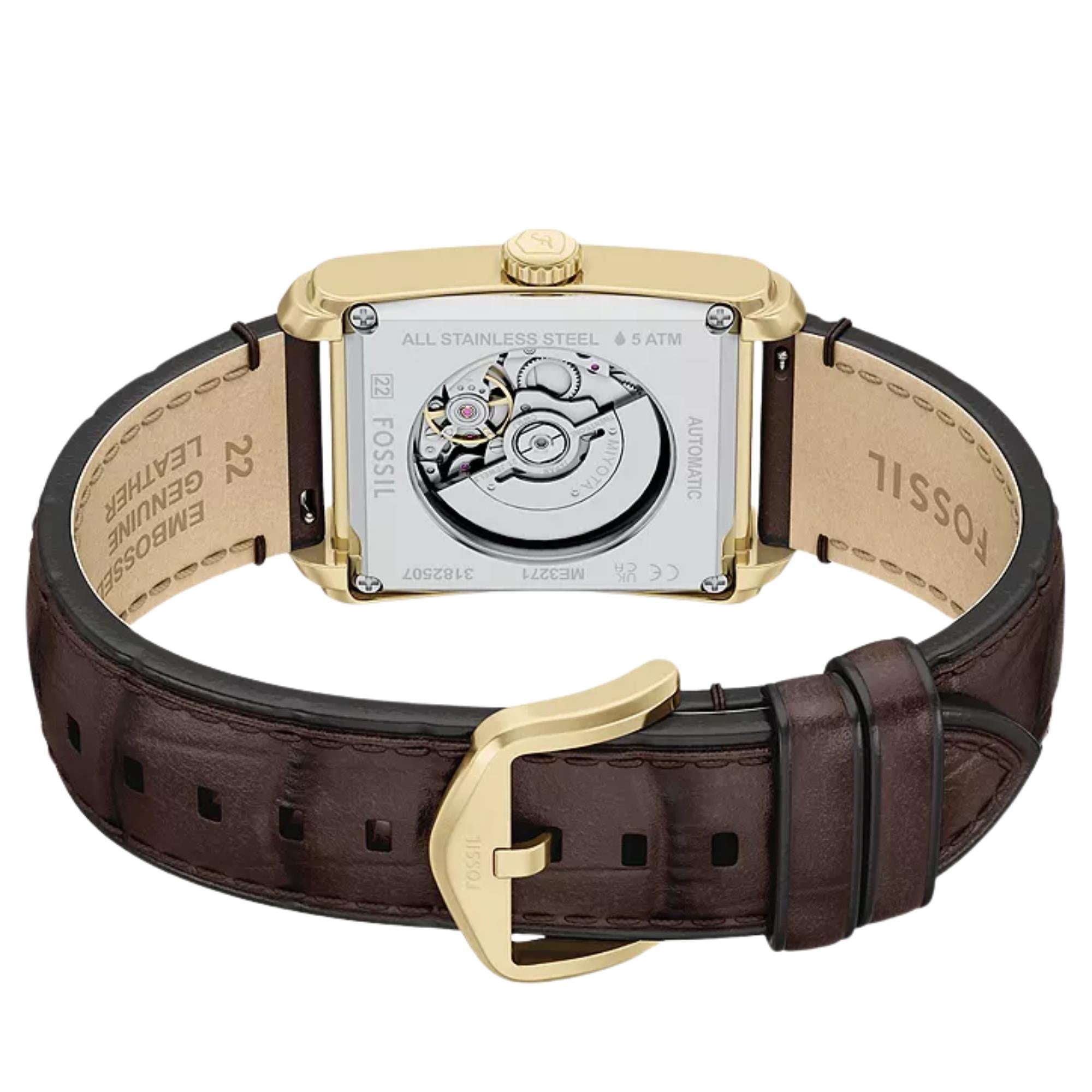 Fossil Carraway 30mm Open Heart Green Dial Leather Mens Automatic Watch ME3271