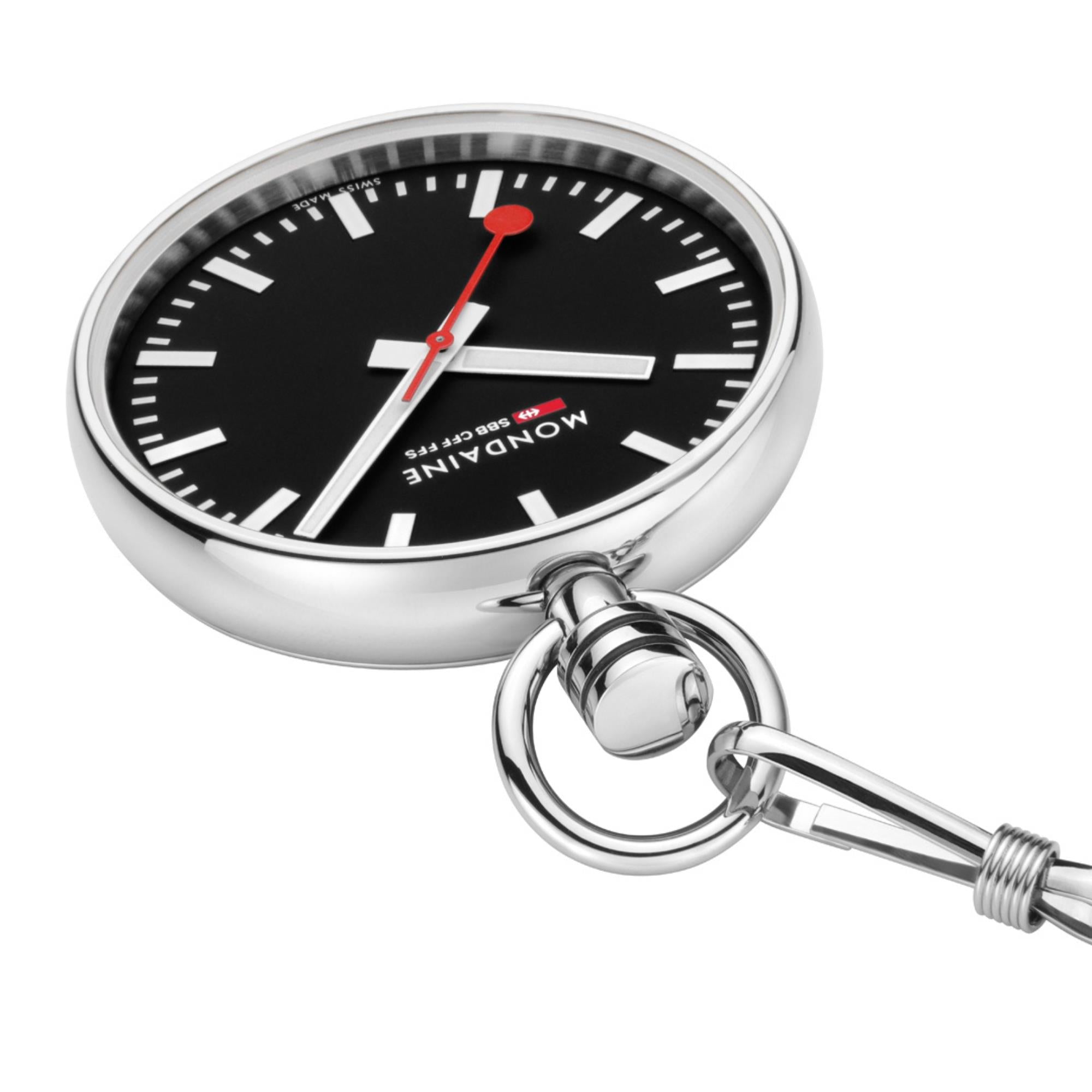 Mondaine 43mm Black Dial Steel Quartz Pocket Watch A660.30316.20SBB