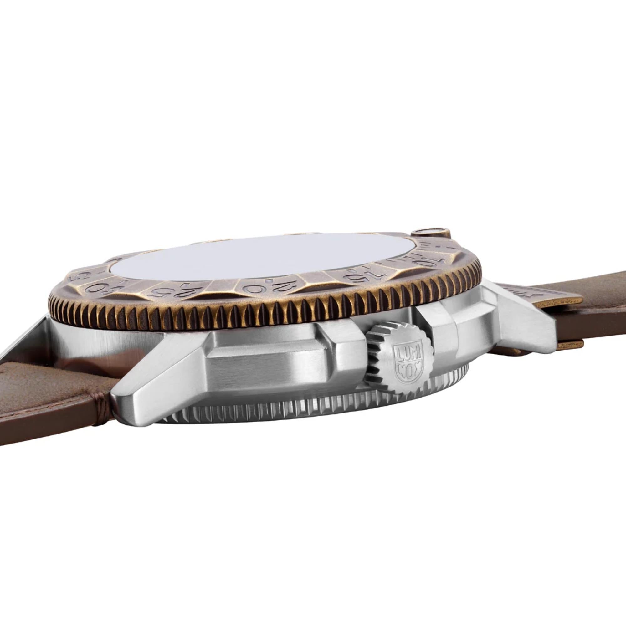 Side profile of Luminox Adventure Watch XL.1301.LG showing the brushed silver-tone case, the ridges of the bronze bezel, and the steel crown engraved with the Luminox logo