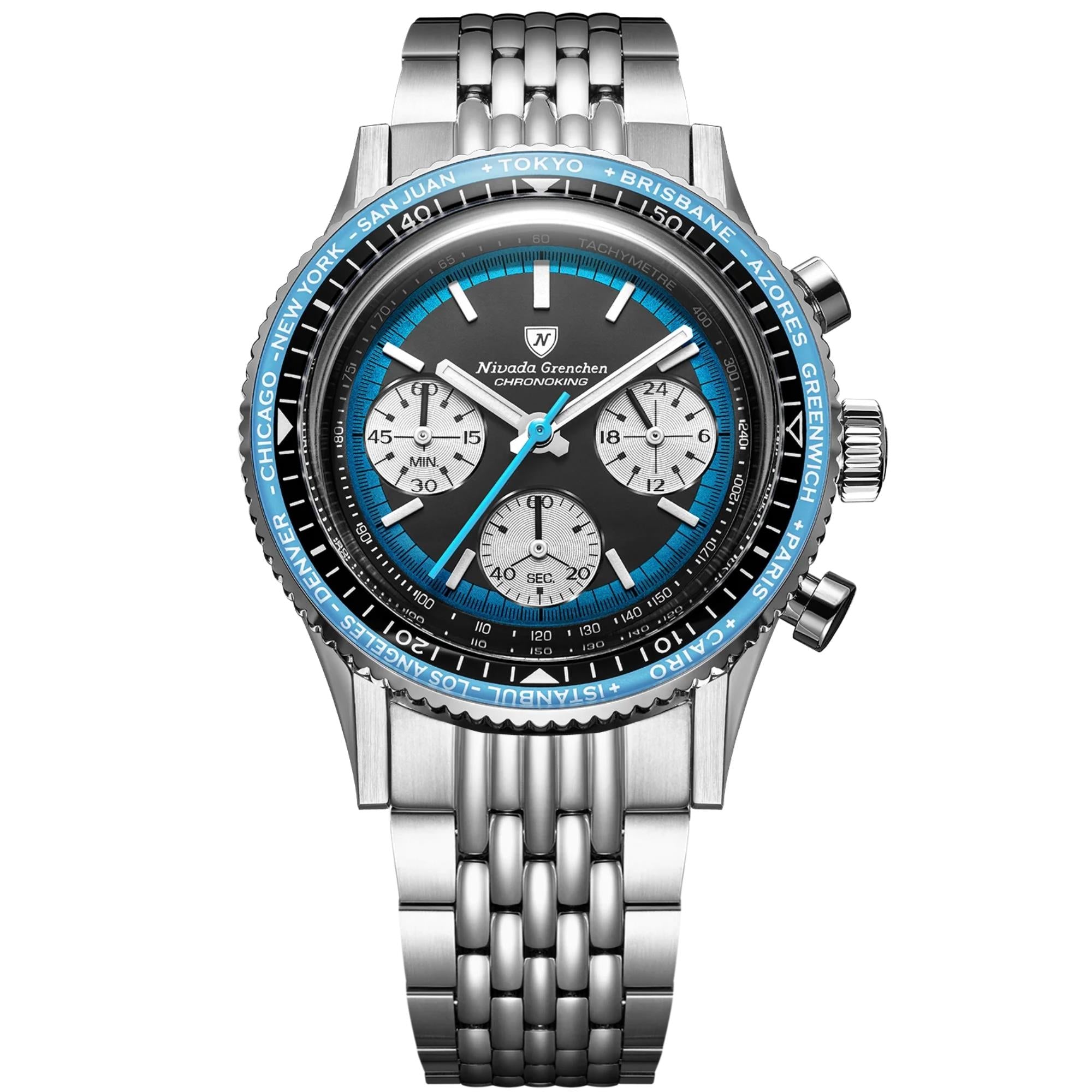 Nivada Grenchen Chronoking 38mm Chronograph Black Dial Steel Mens Mecaquartz Watch 87053Q04