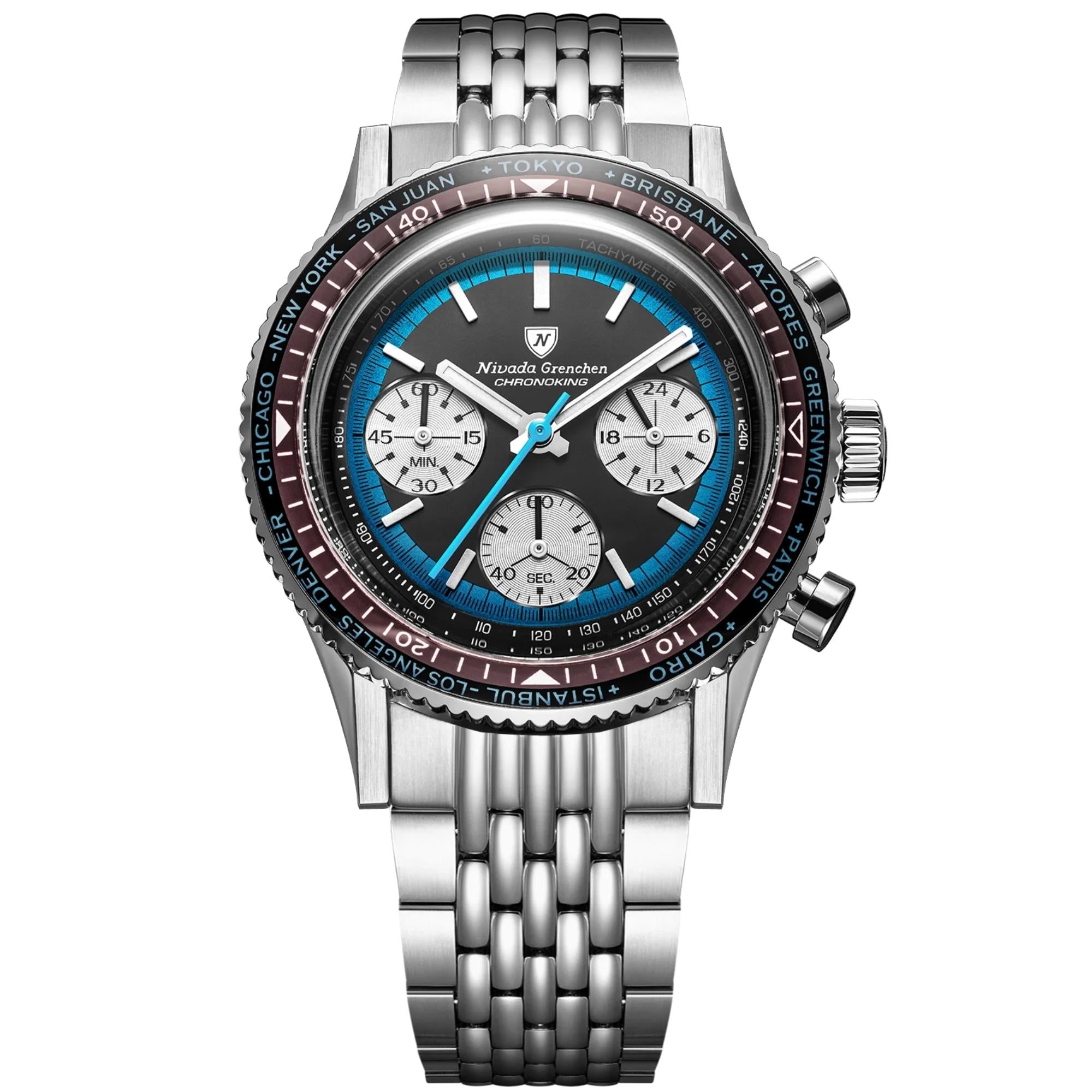 クロネ Nivada Grenchen Chronoking 38mm Black Dial Steel Mens Watch 87053Q04