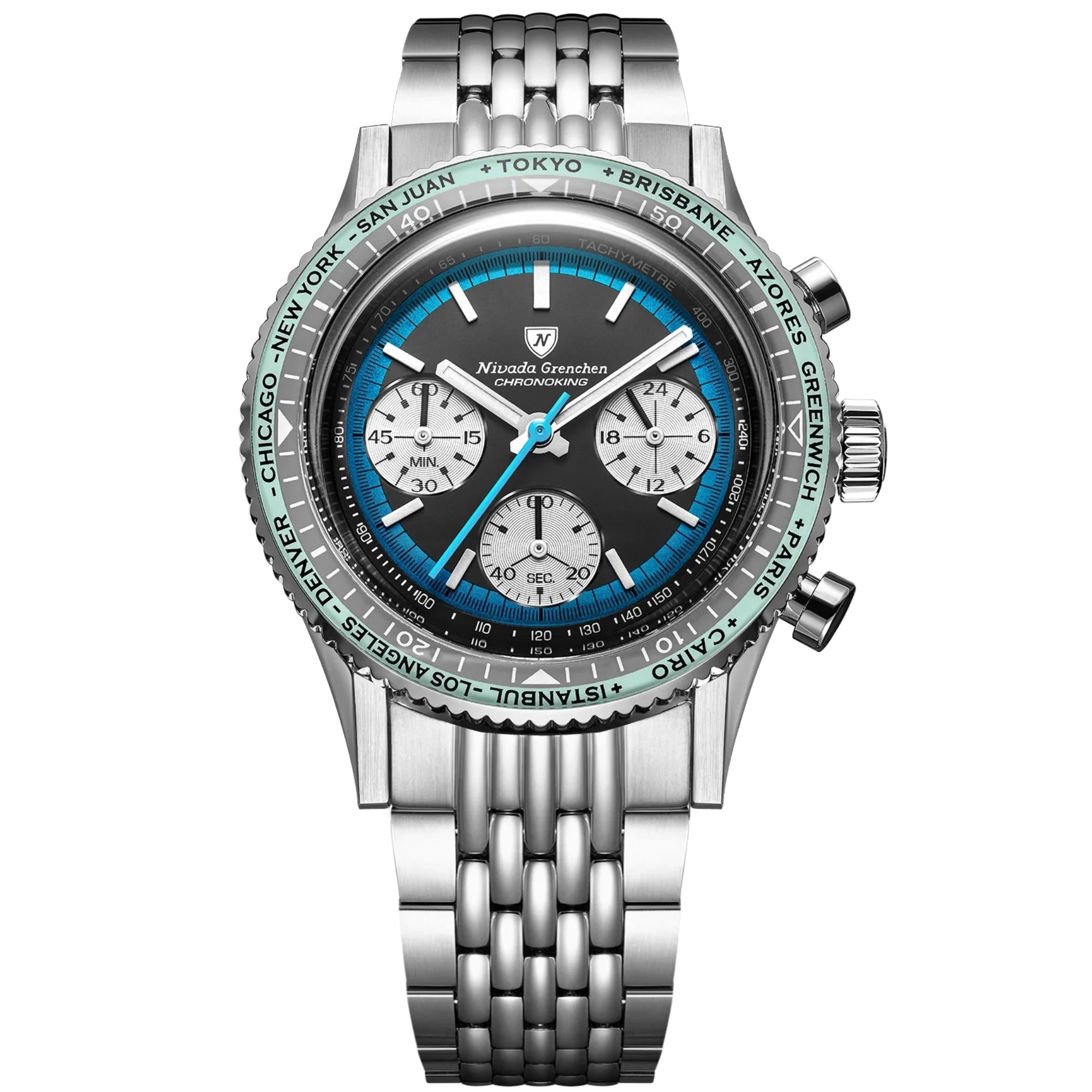 Nivada Grenchen Chronoking 38mm Black Dial Steel Mens Watch 87053Q04