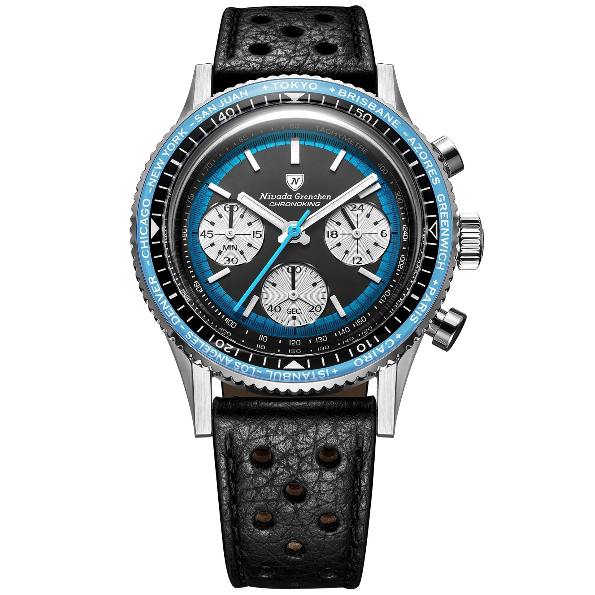 Nivada Grenchen Chronoking 38mm Chronograph Black Dial Leather Mens Mecaquartz Watch 87053Q10