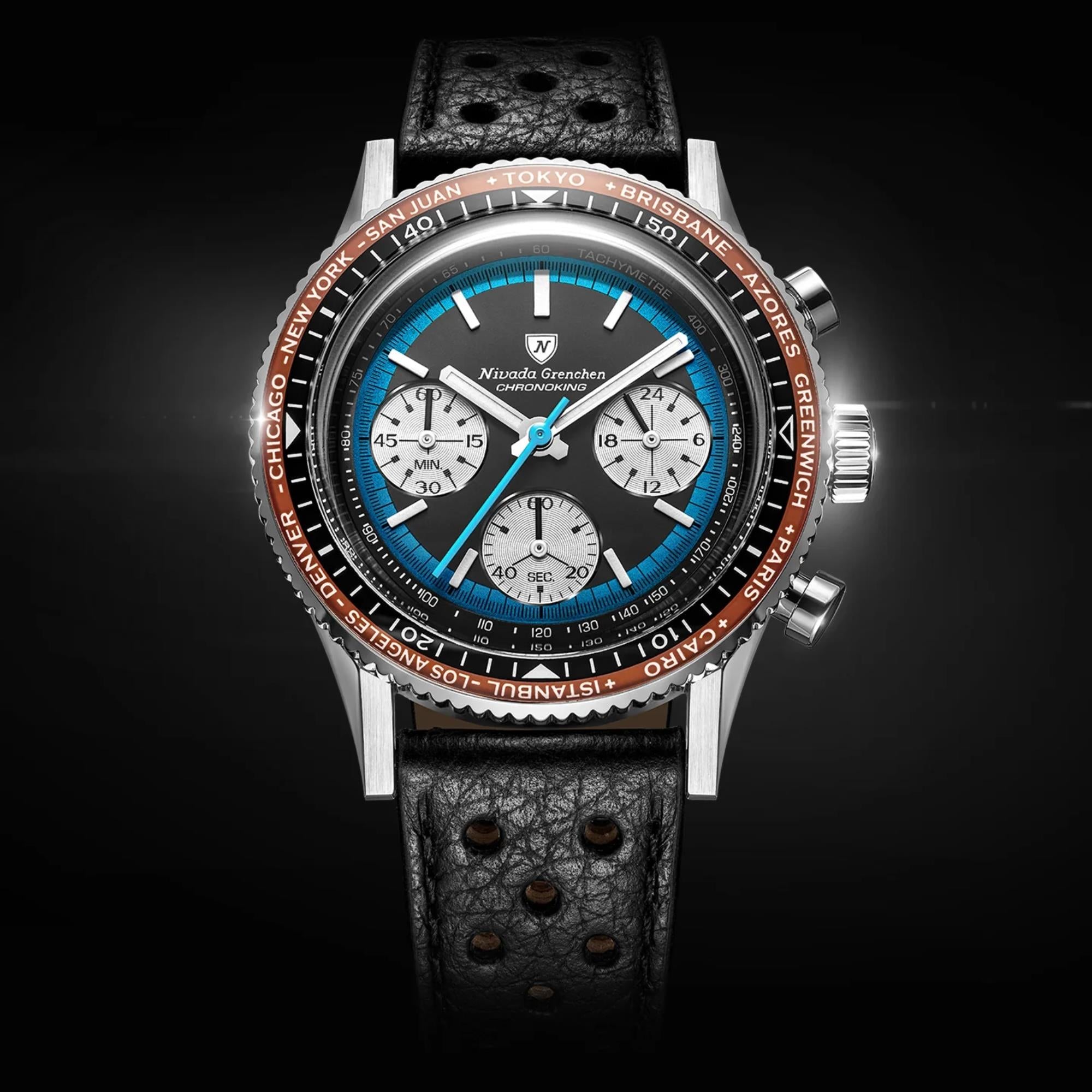 Nivada Grenchen Chronoking 38mm Chronograph Black Dial Leather Mens Mecaquartz Watch 87053Q10