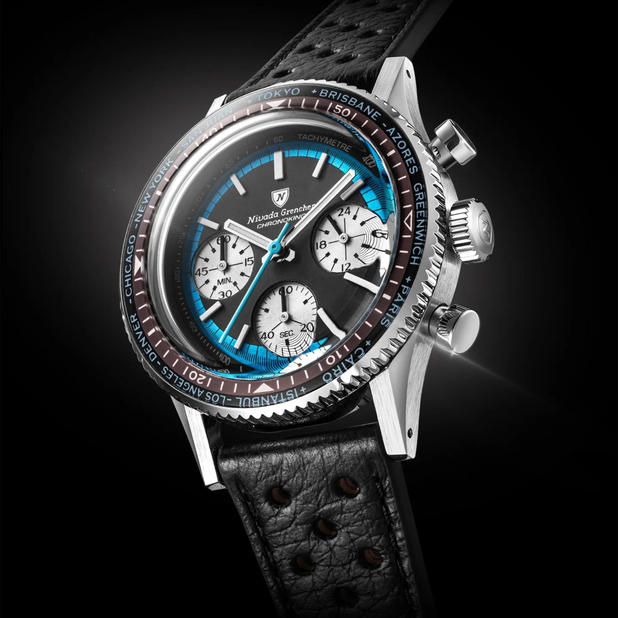 Nivada Grenchen Chronoking 38mm Chronograph Black Dial Leather Mens Mecaquartz Watch 87053Q10