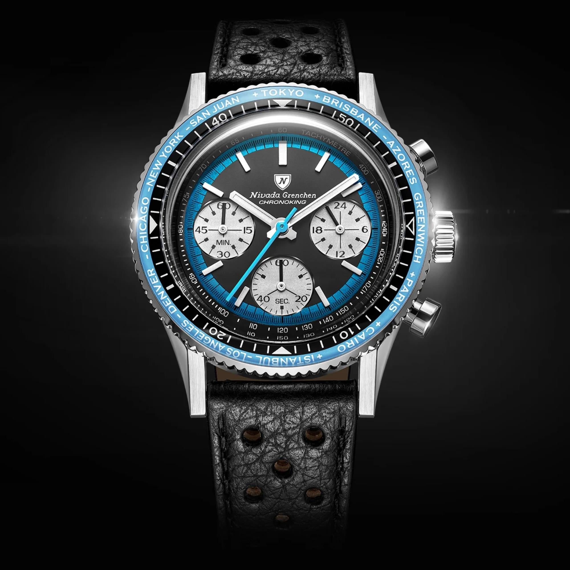 Nivada Grenchen Chronoking 38mm Chronograph Black Dial Leather Mens Mecaquartz Watch 87053Q10