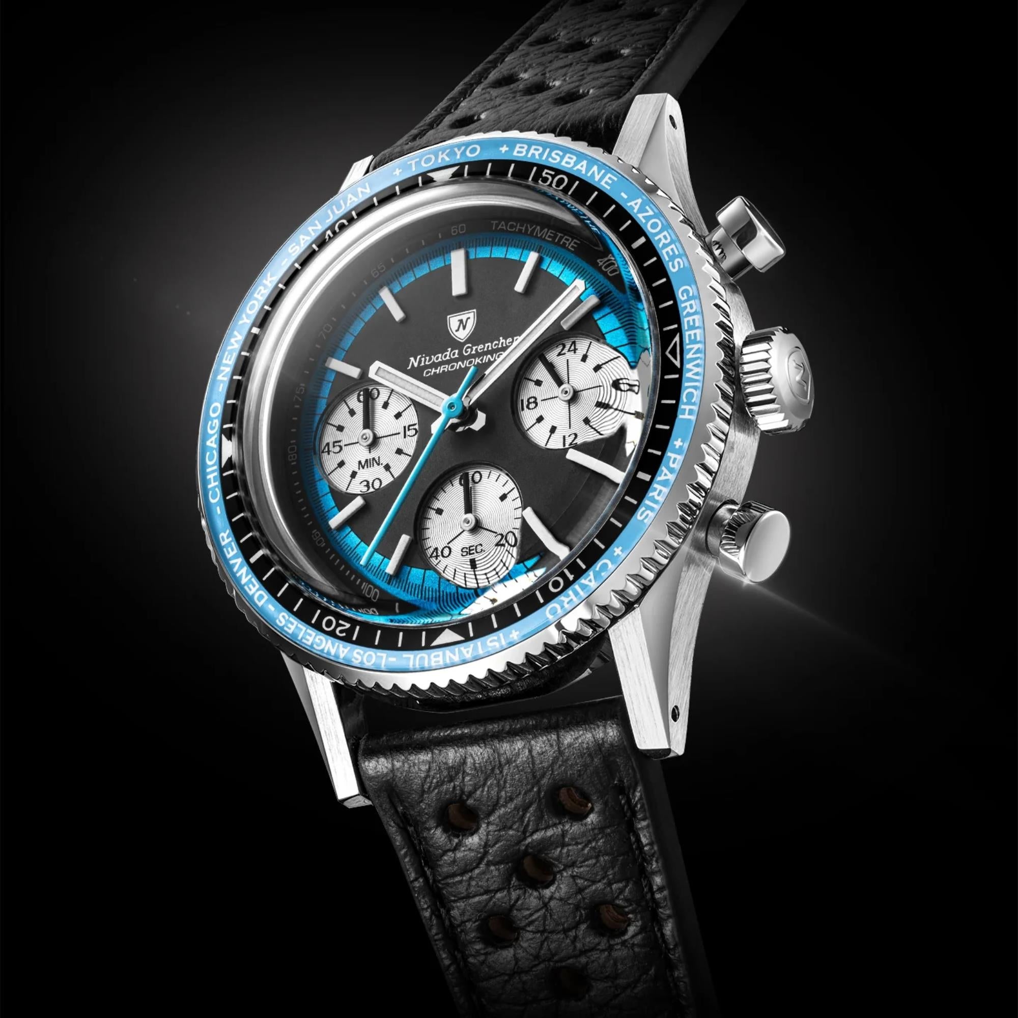 Nivada Grenchen Chronoking 38mm Chronograph Black Dial Leather Mens Mecaquartz Watch 87053Q10