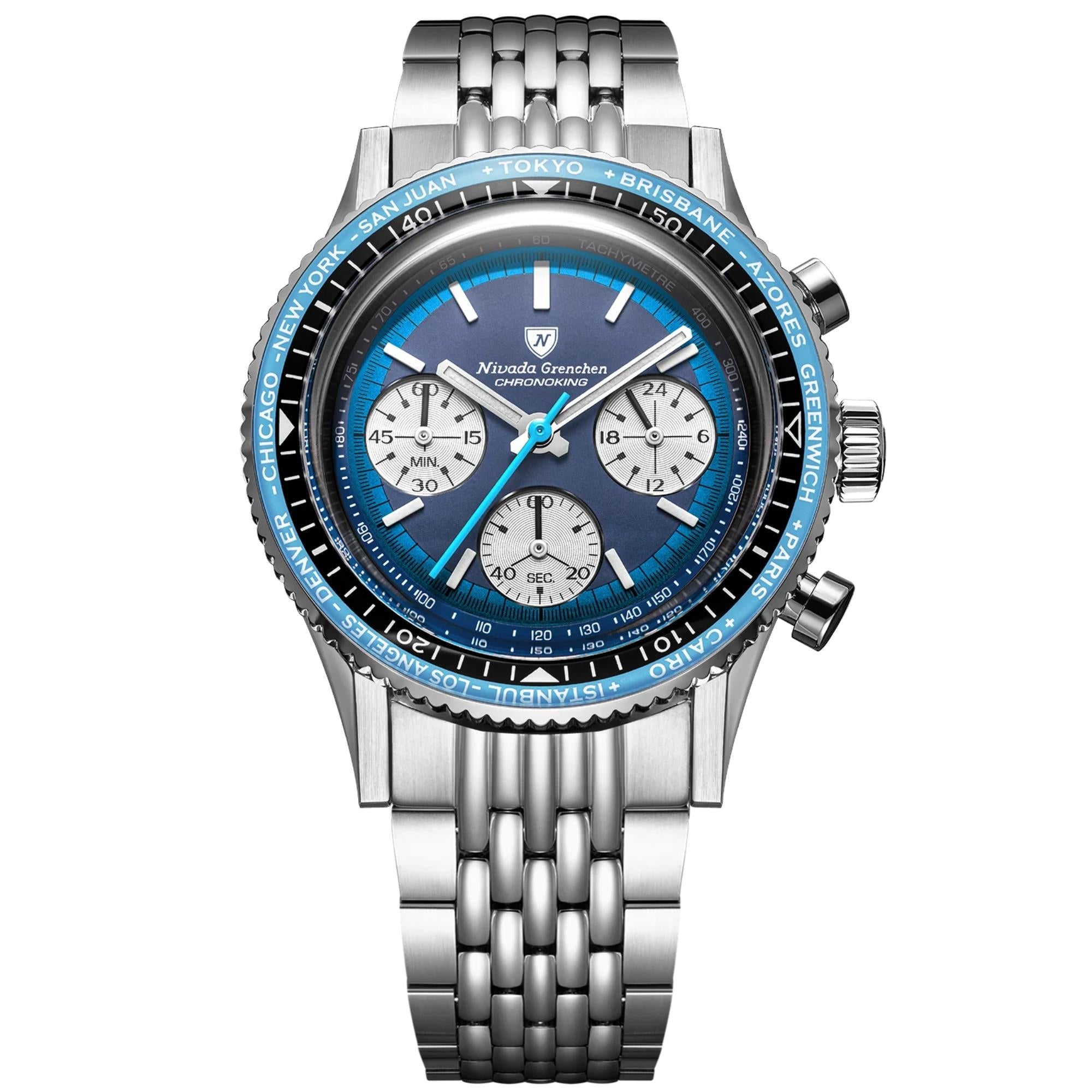 Nivada Grenchen Chronoking 38mm Chronograph Blue Dial Steel Mens Mecaquartz Watch 87054Q04