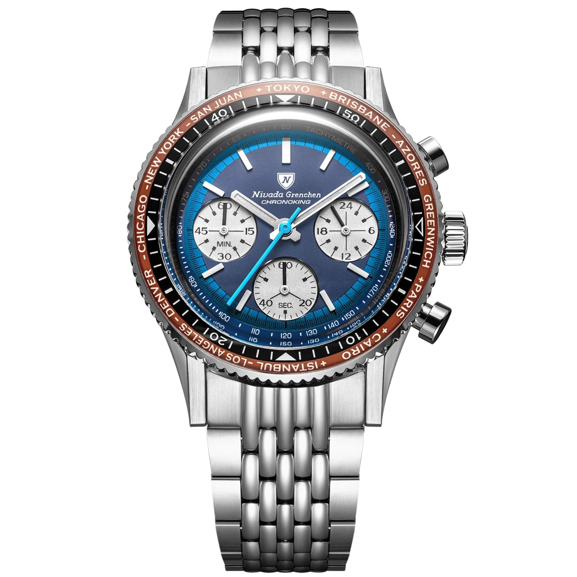 Nivada Grenchen Chronoking 38mm Blue Dial Steel Mens Watch 87054Q04