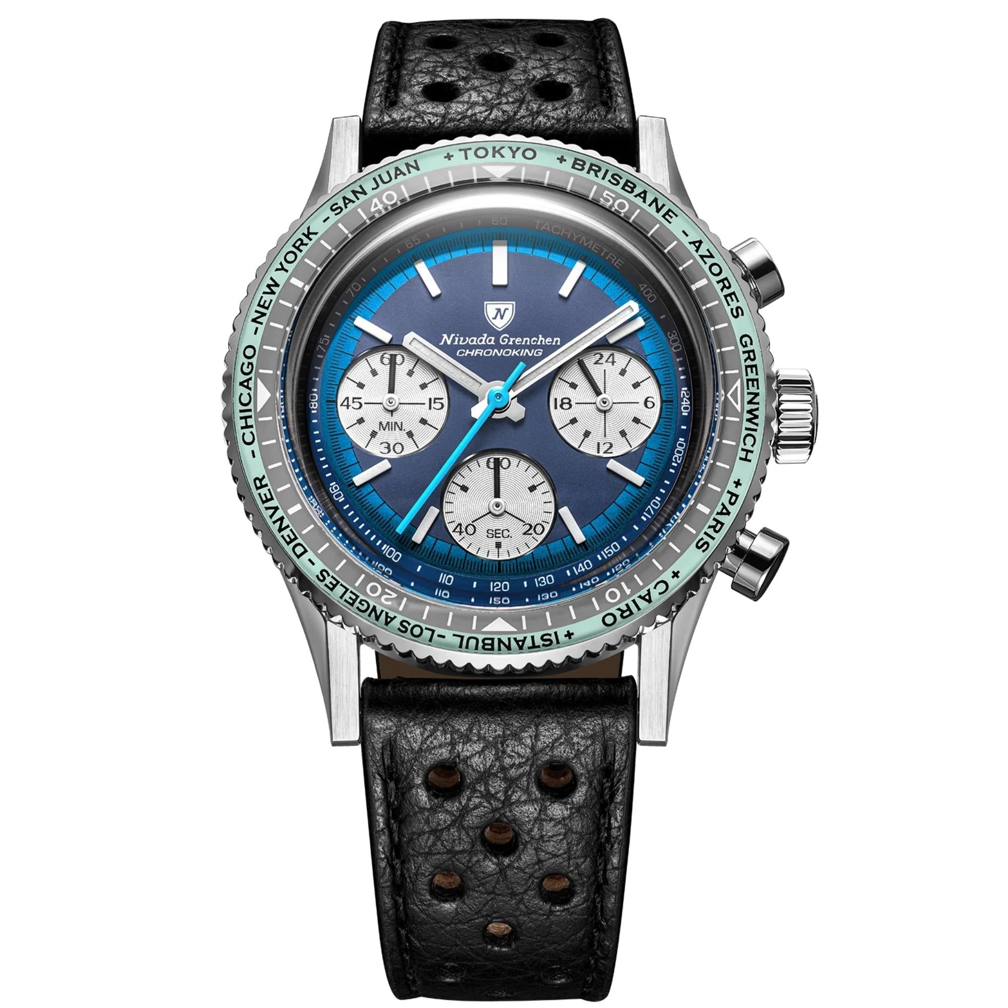 Nivada Grenchen Chronoking 38mm Chronograph Blue Dial Leather Mens Mecaquartz Watch 87054Q10