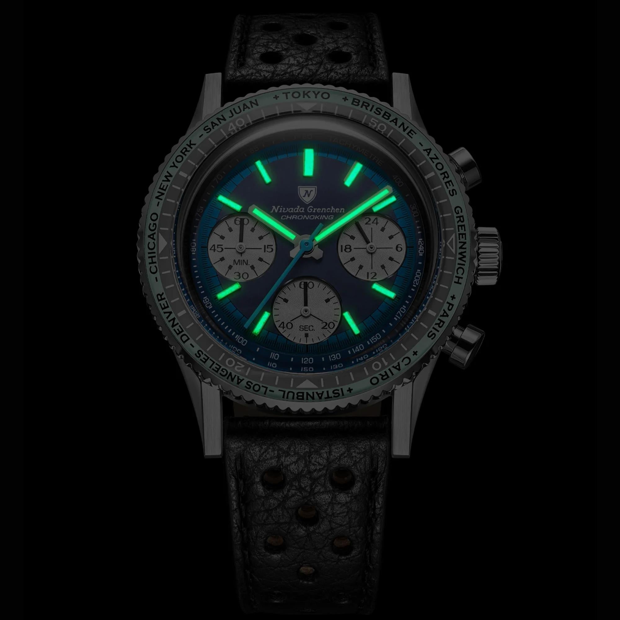Nivada Grenchen Chronoking 38mm Chronograph Blue Dial Leather Mens Mecaquartz Watch 87054Q10