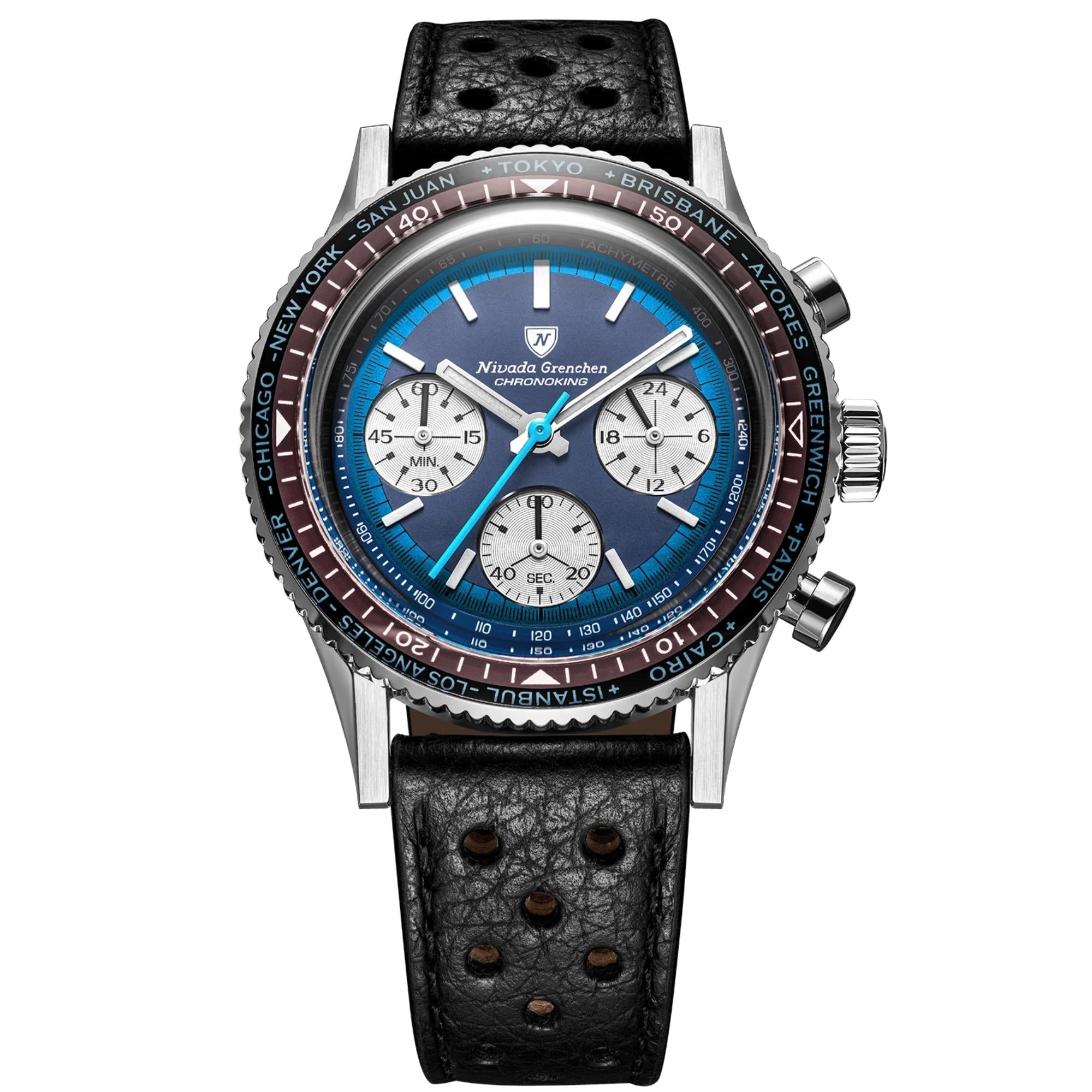 Nivada Grenchen Chronoking 38mm Chronograph Blue Dial Leather Mens Mecaquartz Watch 87054Q10