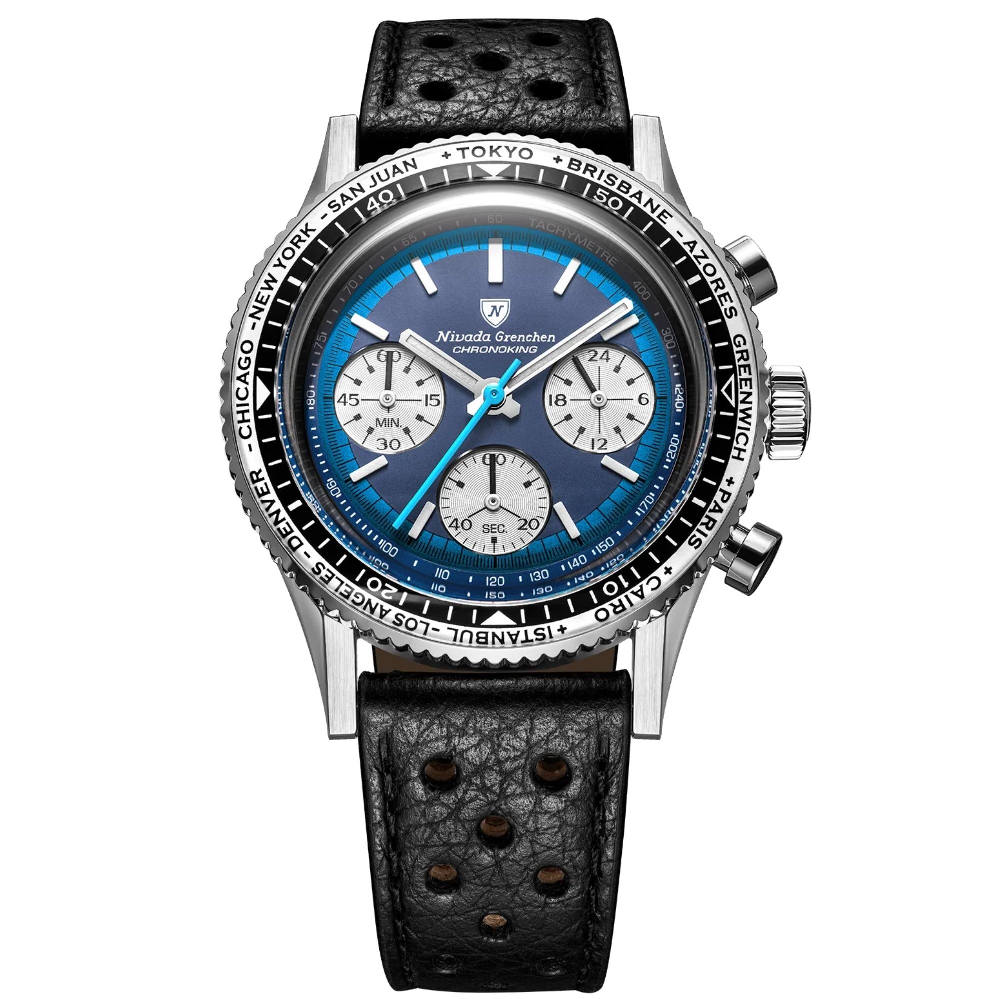 Nivada Grenchen Chronoking 38mm Chronograph Blue Dial Leather Mens Mecaquartz Watch 87054Q10
