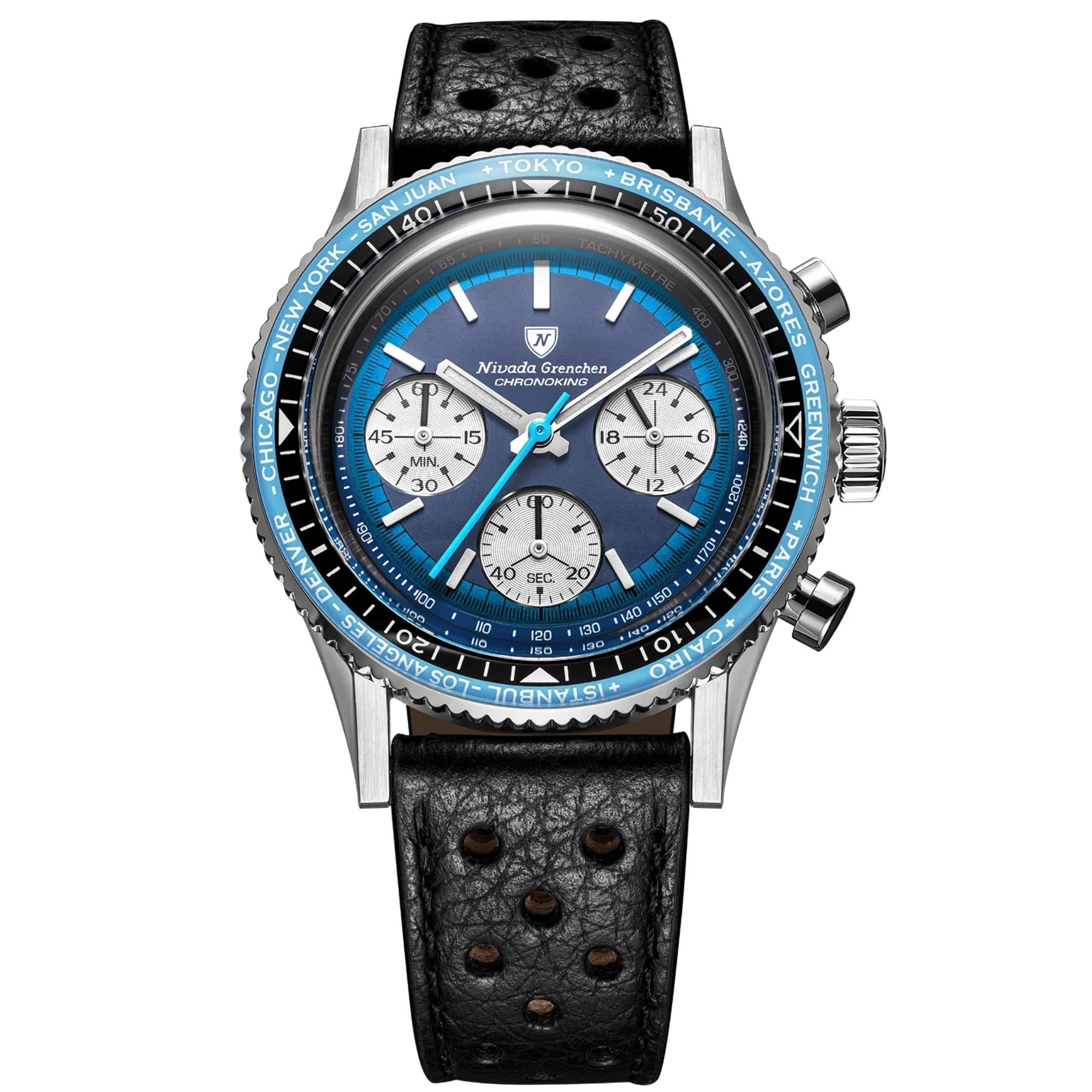 Nivada Grenchen Chronoking 38mm Chronograph Blue Dial Leather Mens Mecaquartz Watch 87054Q10